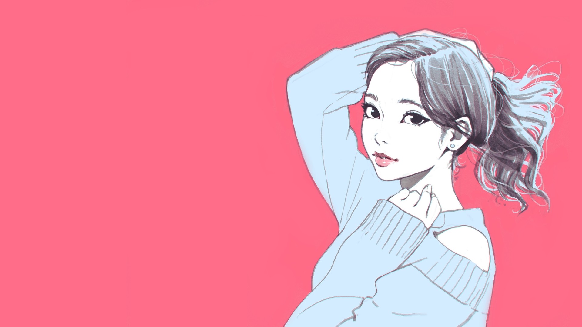Woman with ponytail in blue sweater HD Wallpaper