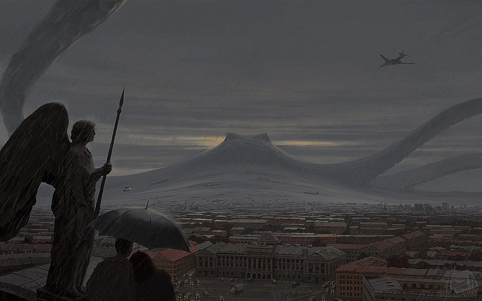 Surreal artwork of an angel statue overlooking a city during a storm HD Wallpaper