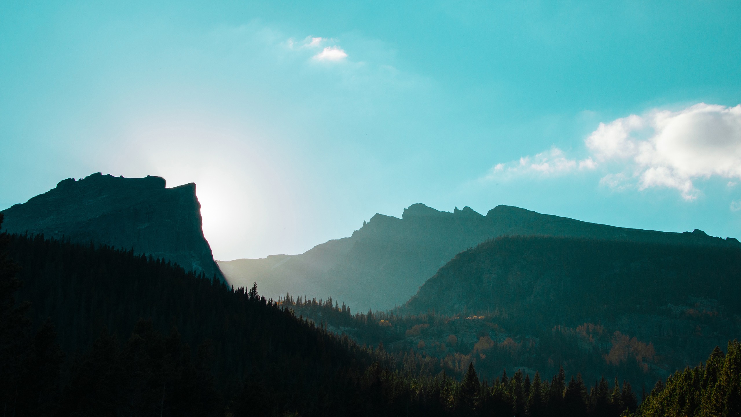 Sunlight behind mountains and forest HD Wallpaper