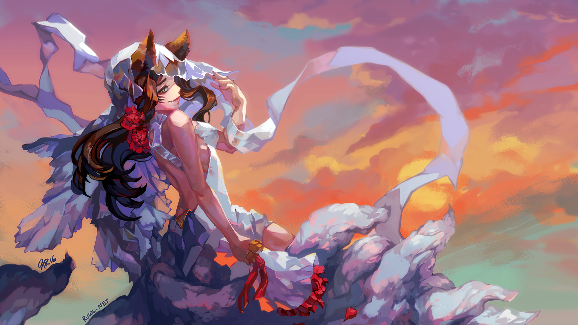 Ahri from League of Legends in a white dress HD Wallpaper