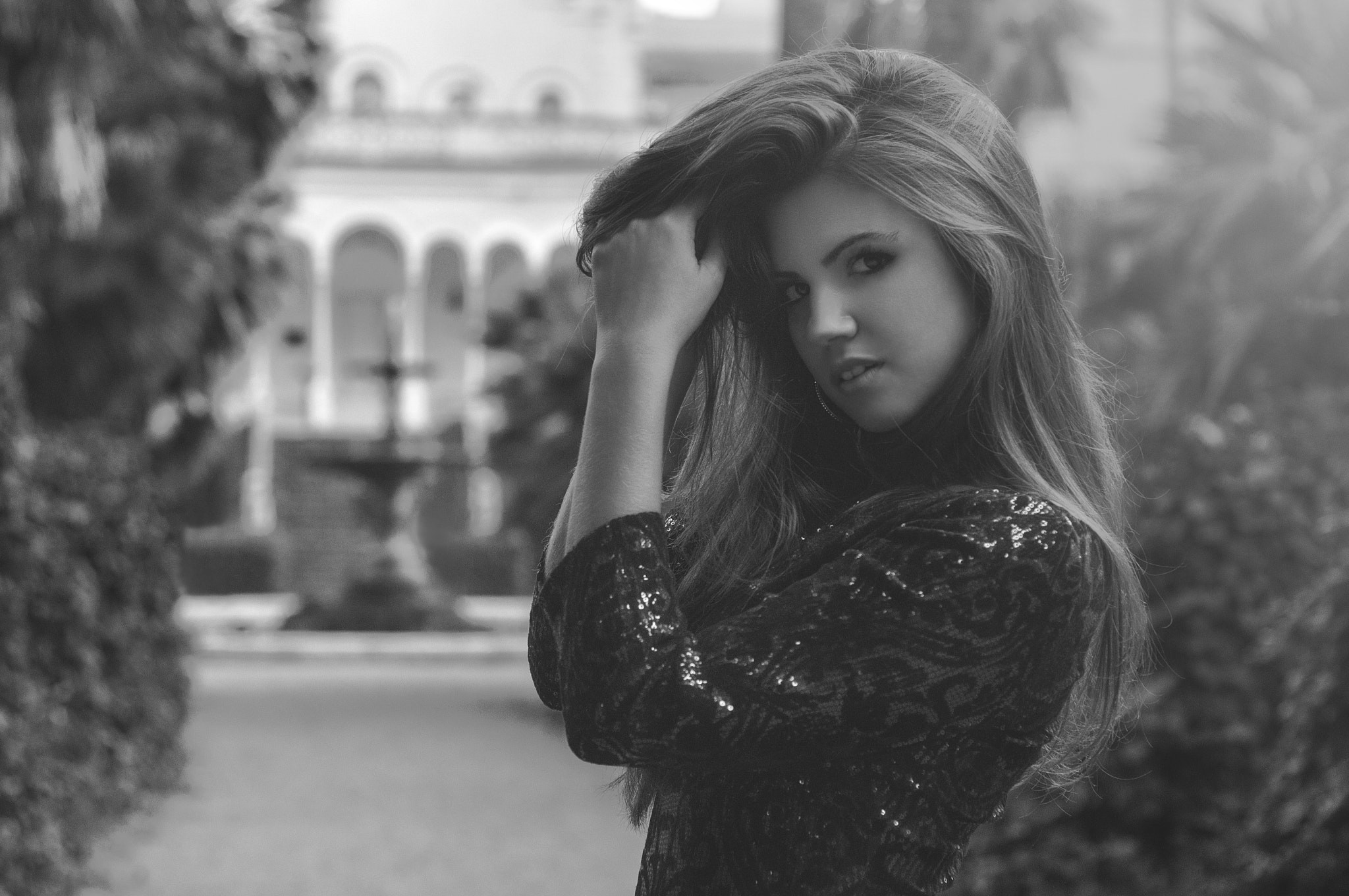 Sonia Ortiz portrait with hands in hair HD Wallpaper