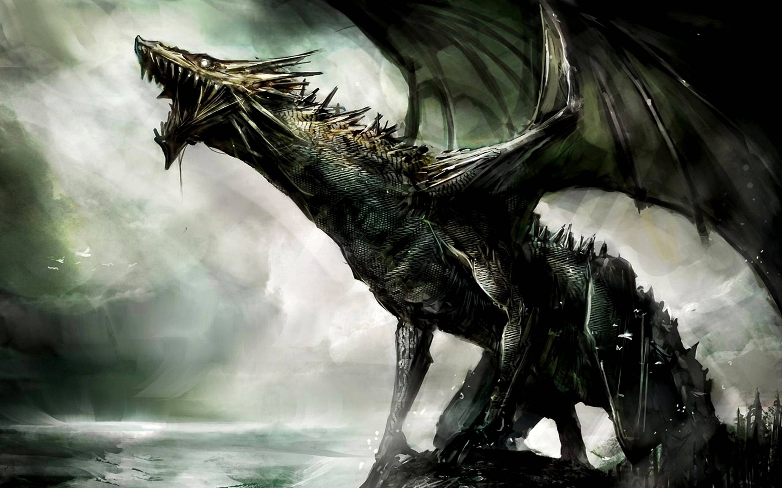 A fearsome dragon roars in a misty landscape HD Wallpaper