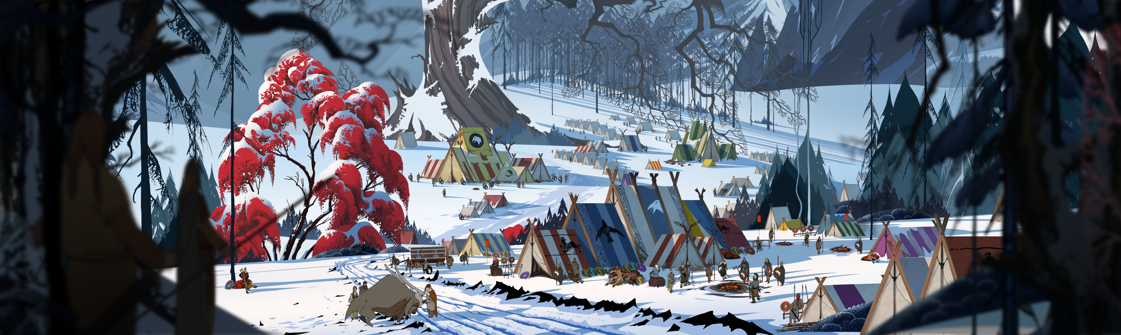 The Banner Saga concept art of a winter camp HD Wallpaper