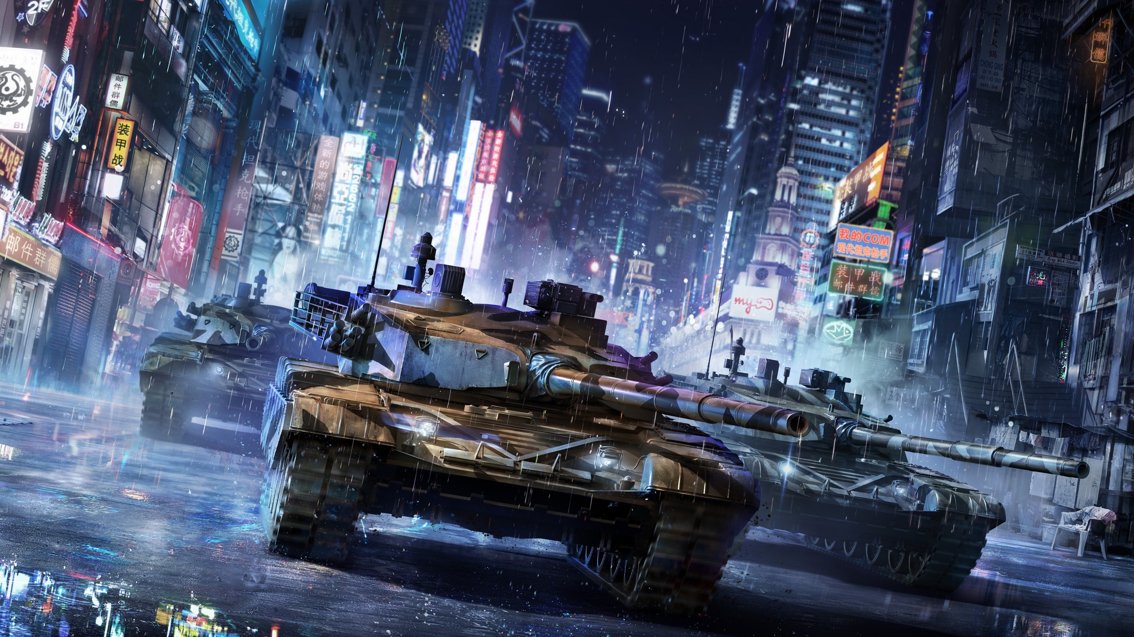 Tanks in a rainy Asian city at night HD Wallpaper