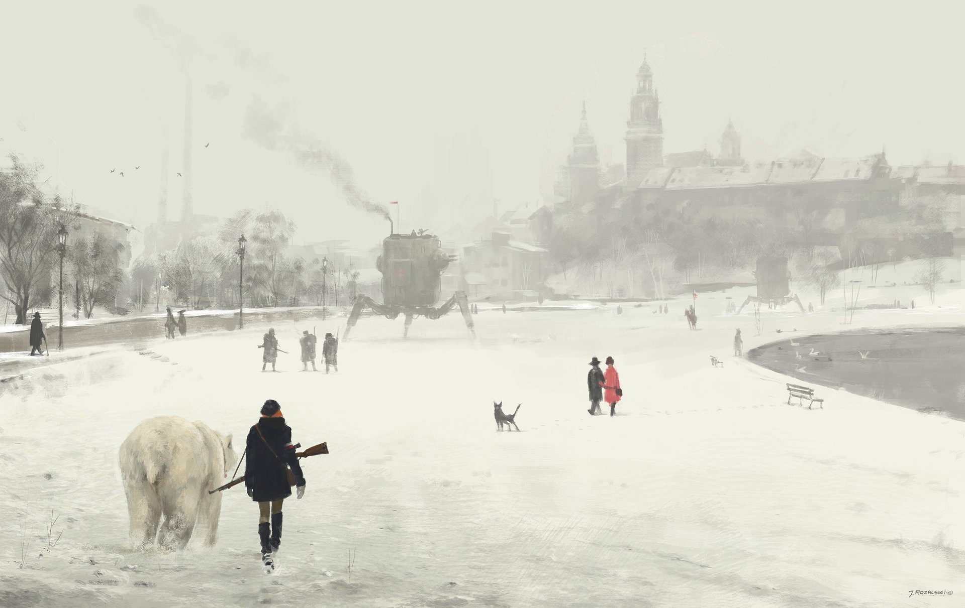 Steampunk painting of a girl with a polar bear in a snowy city HD Wallpaper