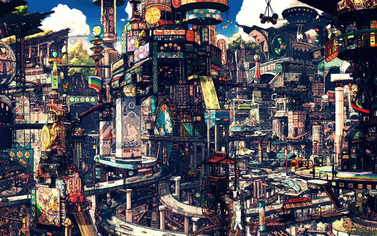 A detailed, futuristic anime cityscape with many buildings and signs HD Wallpaper