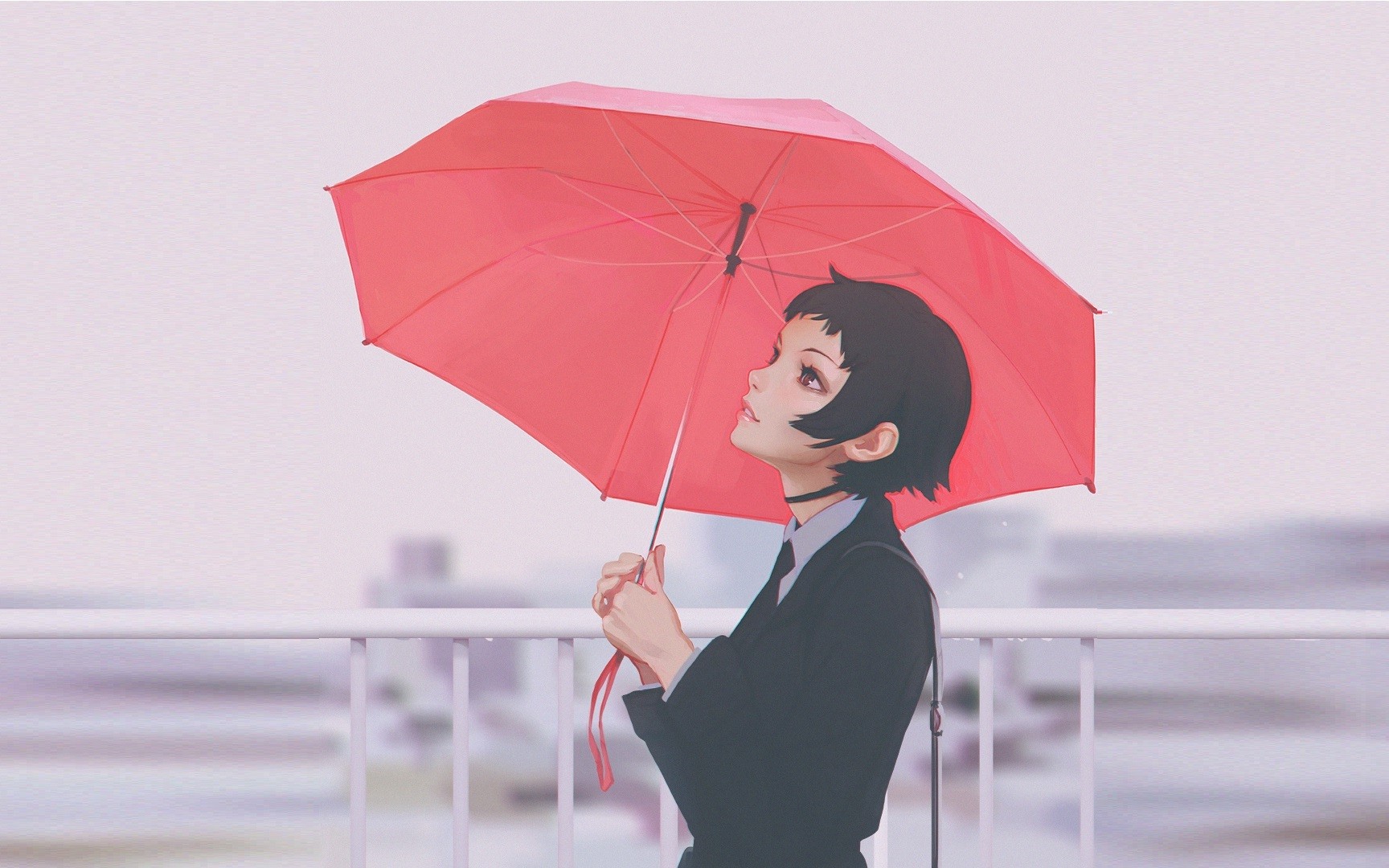 Girl with red umbrella in the rain HD Wallpaper