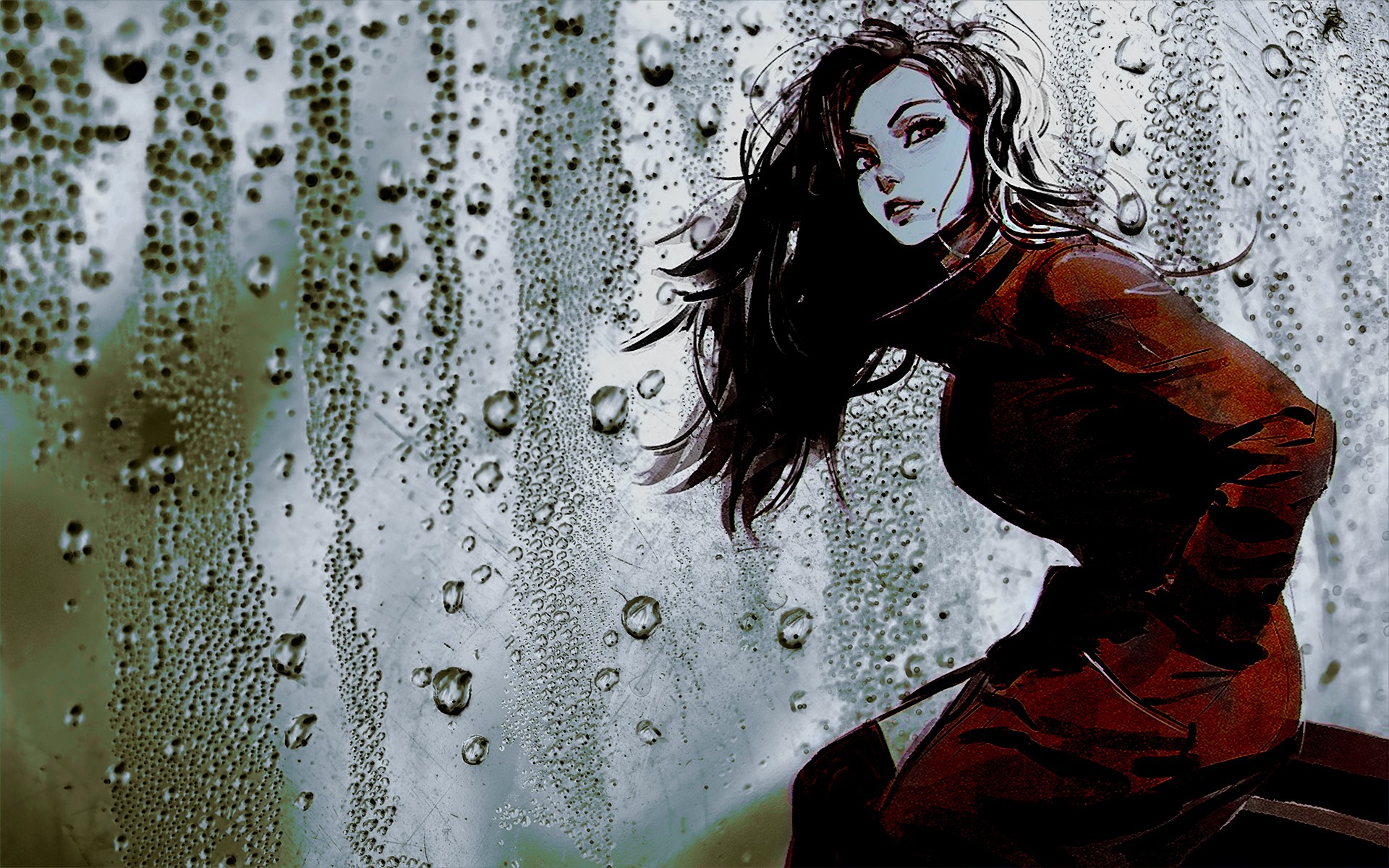 Woman in red jacket behind a wet window HD Wallpaper