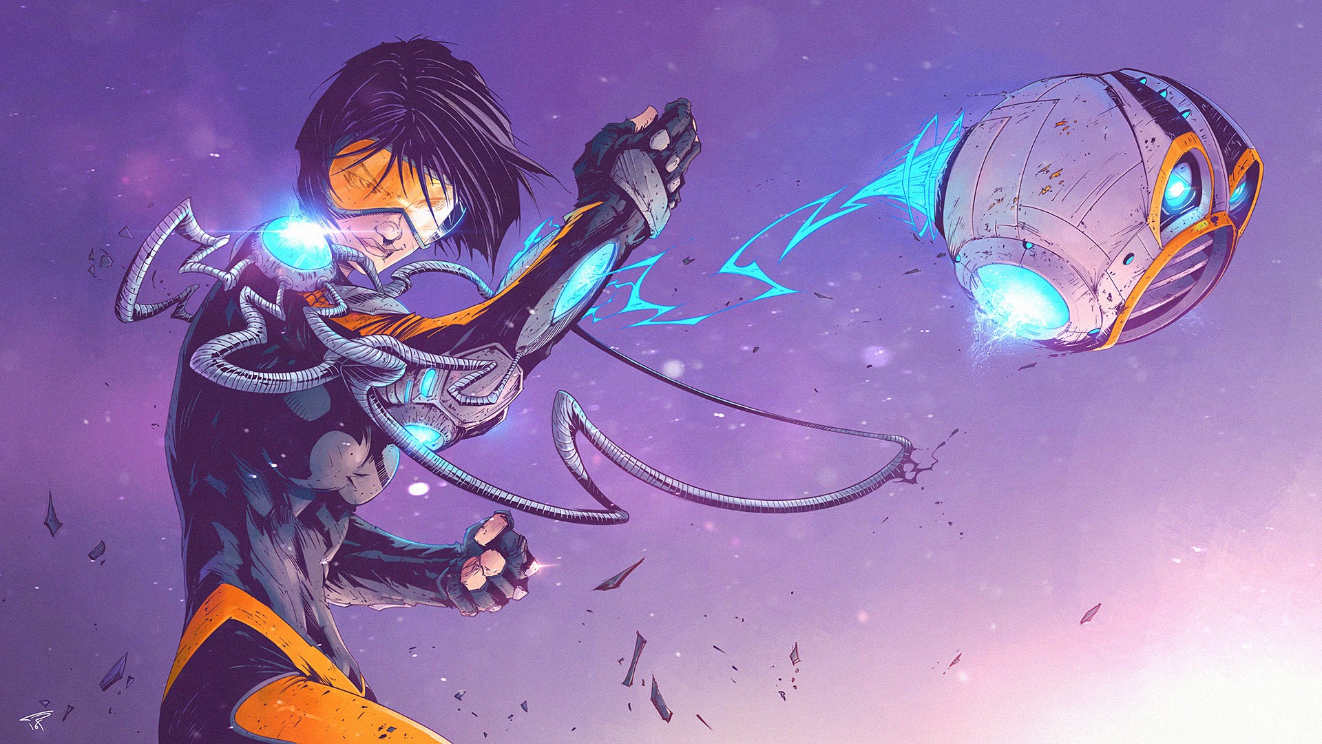 Futuristic hero fighting a drone with energy blasts HD Wallpaper