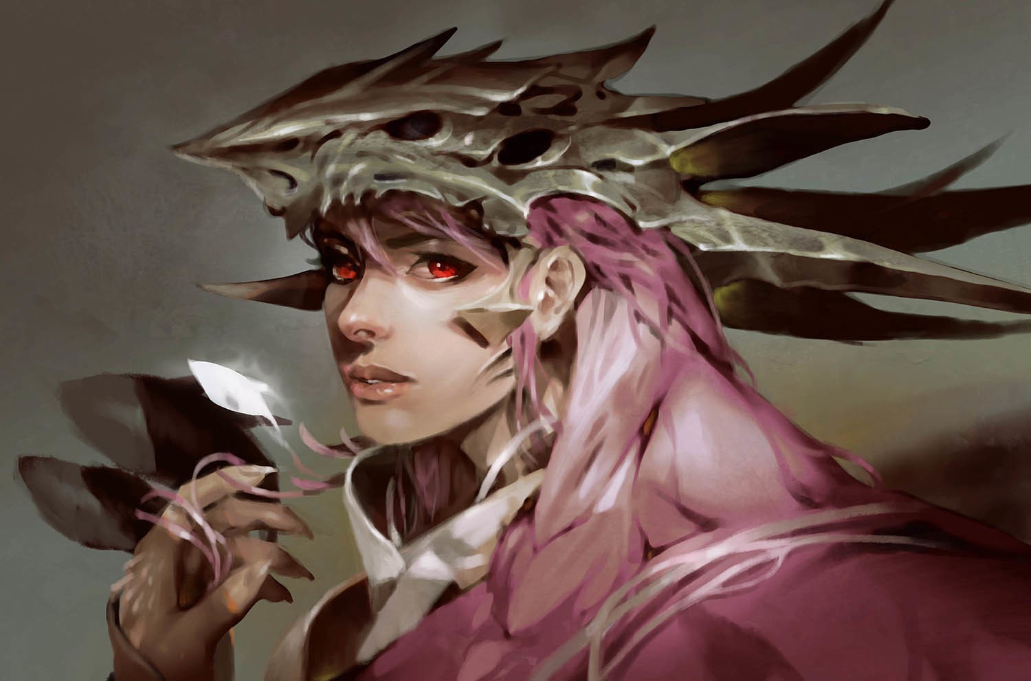 Fantasy art of a woman with red eyes and pink hair HD Wallpaper