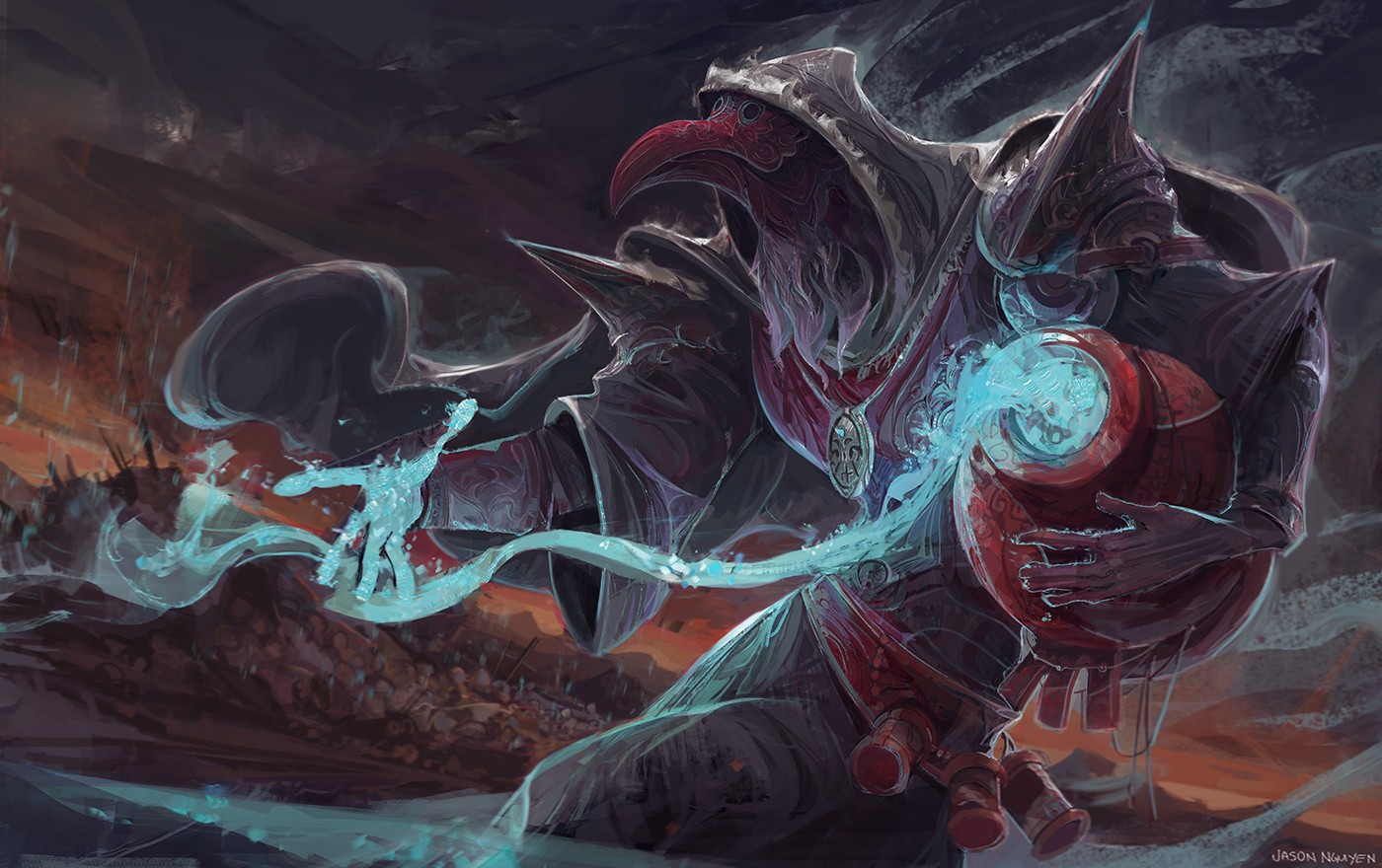 Fantasy art of a masked figure casting magic HD Wallpaper
