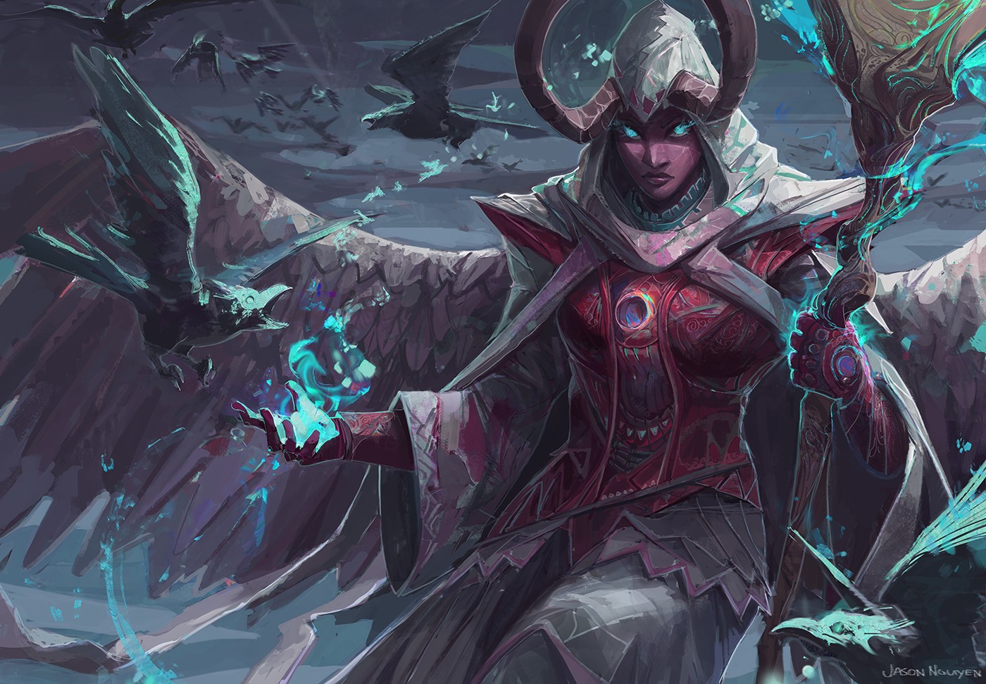 Sorceress with wings and ravens casting magic HD Wallpaper