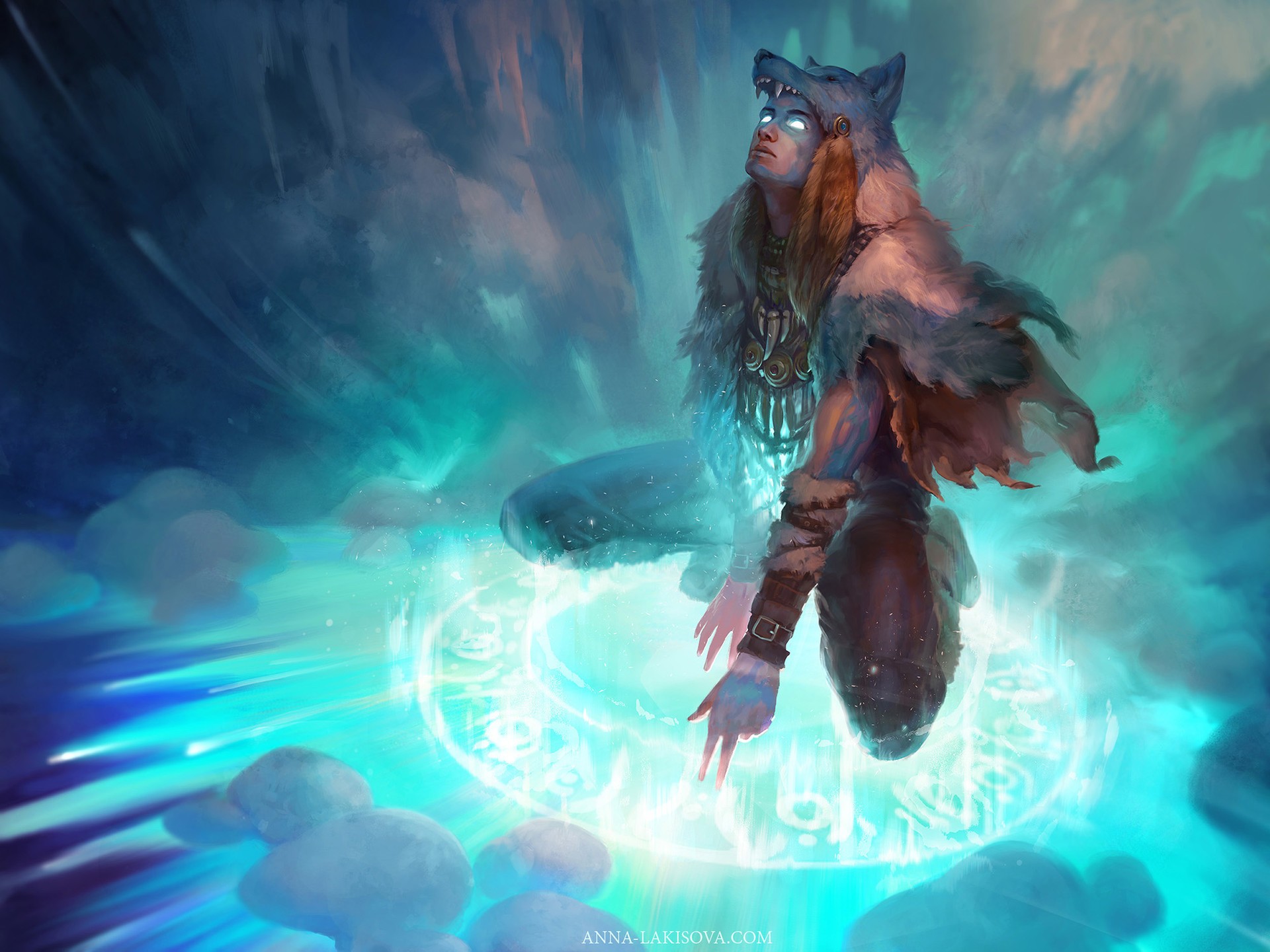 Sorceress in wolf headdress casting a spell HD Wallpaper