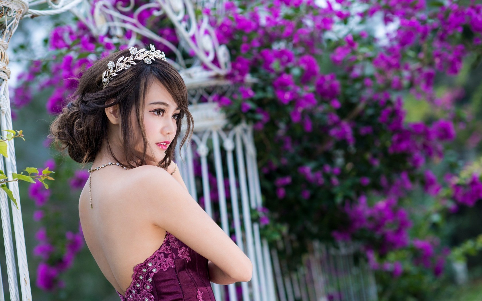 Asian woman in a purple dress with a tiara HD Wallpaper