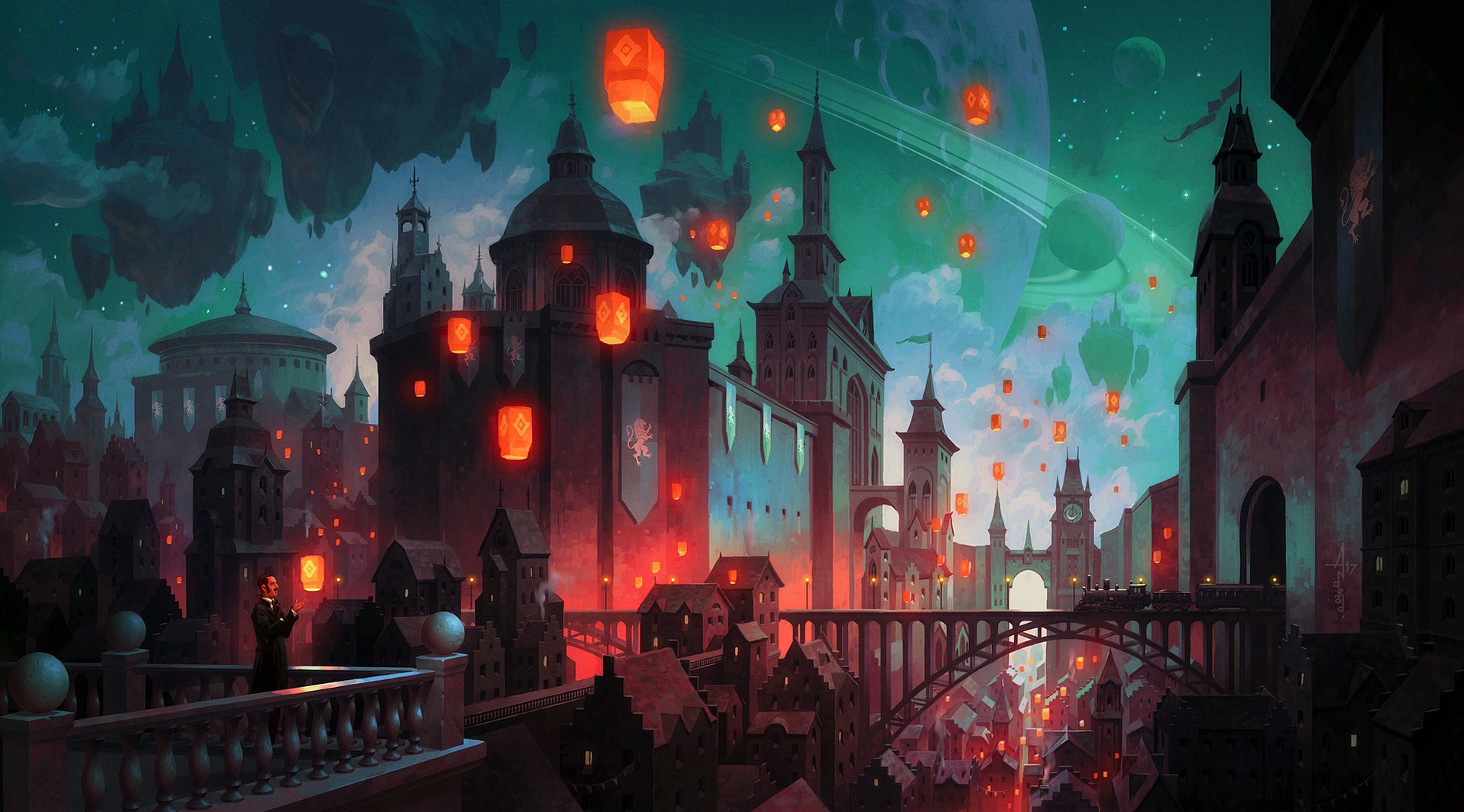 Fantasy city with floating islands and lanterns HD Wallpaper