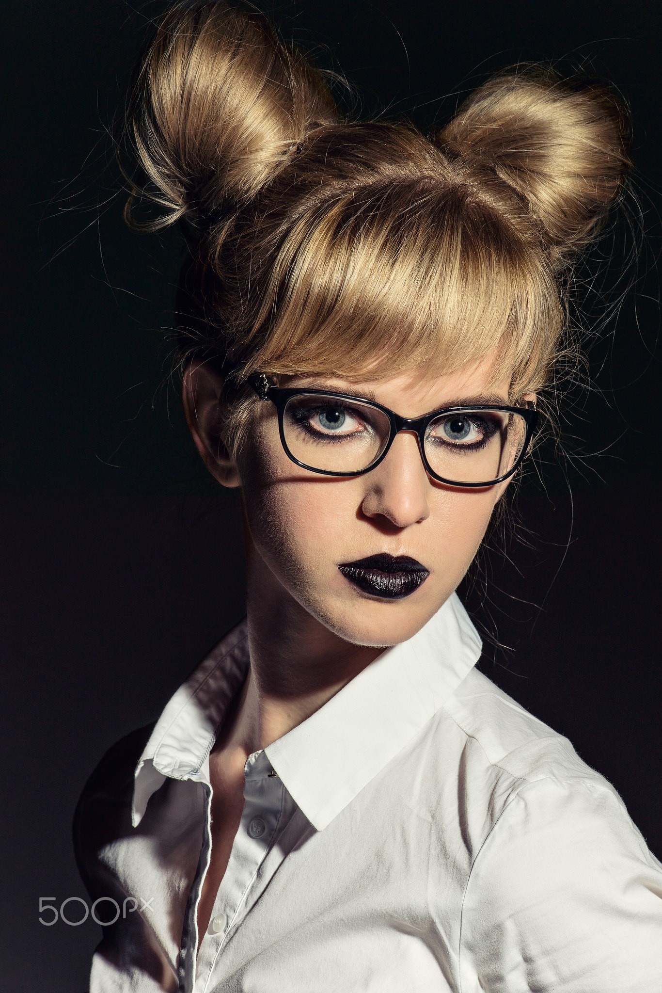 Woman with glasses and black lipstick, portrait HD Wallpaper