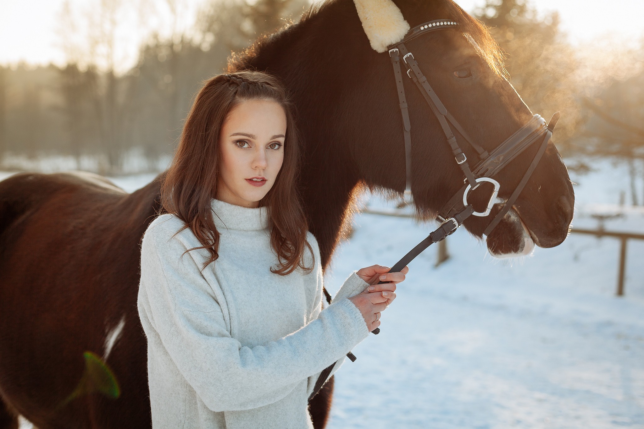 Woman in white sweater with horse in winter HD Wallpaper