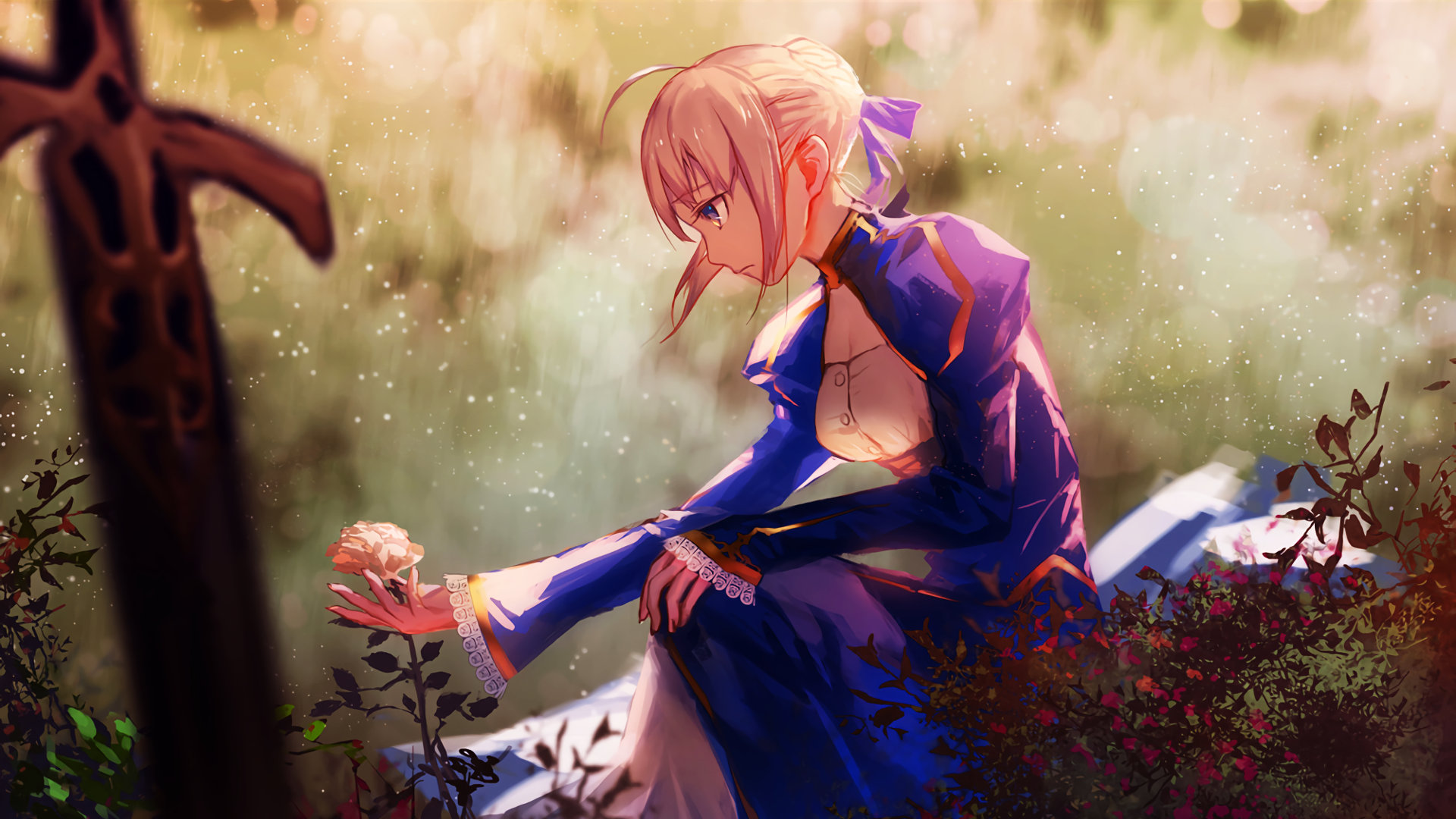Saber from Fate/Stay Night holding a rose HD Wallpaper