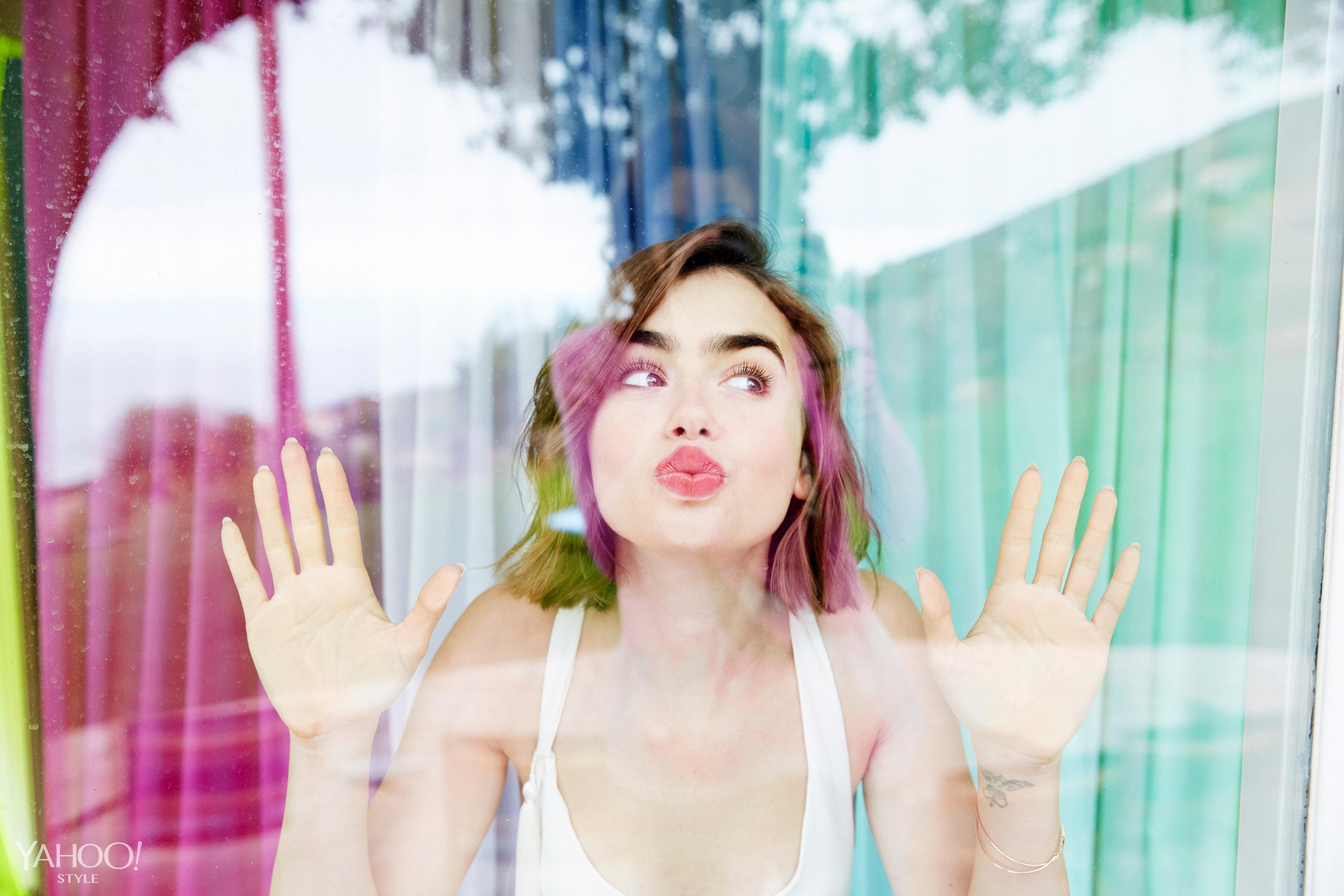 Lily Collins looking through a window HD Wallpaper