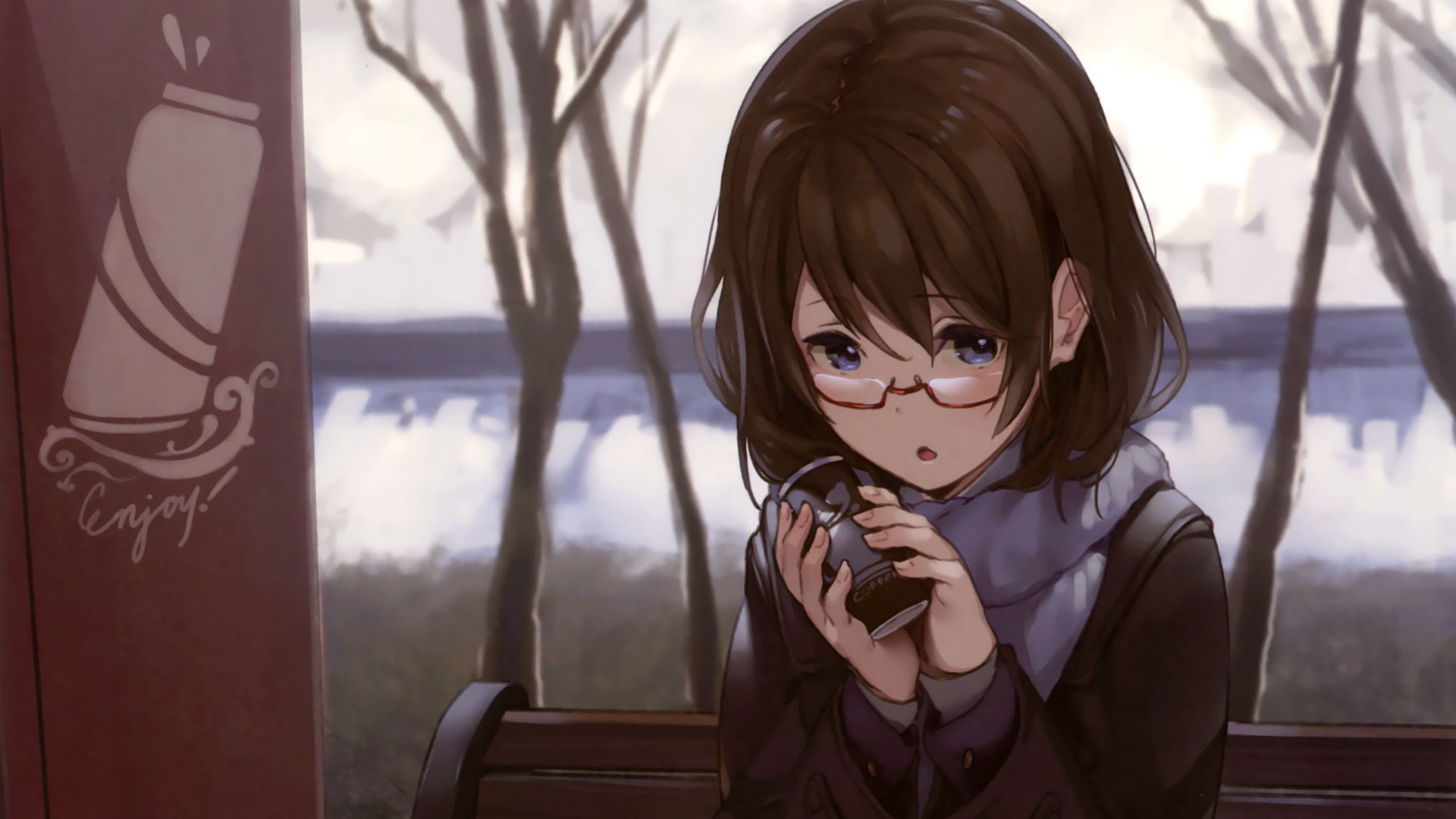 Anime girl with glasses holding a cup HD Wallpaper