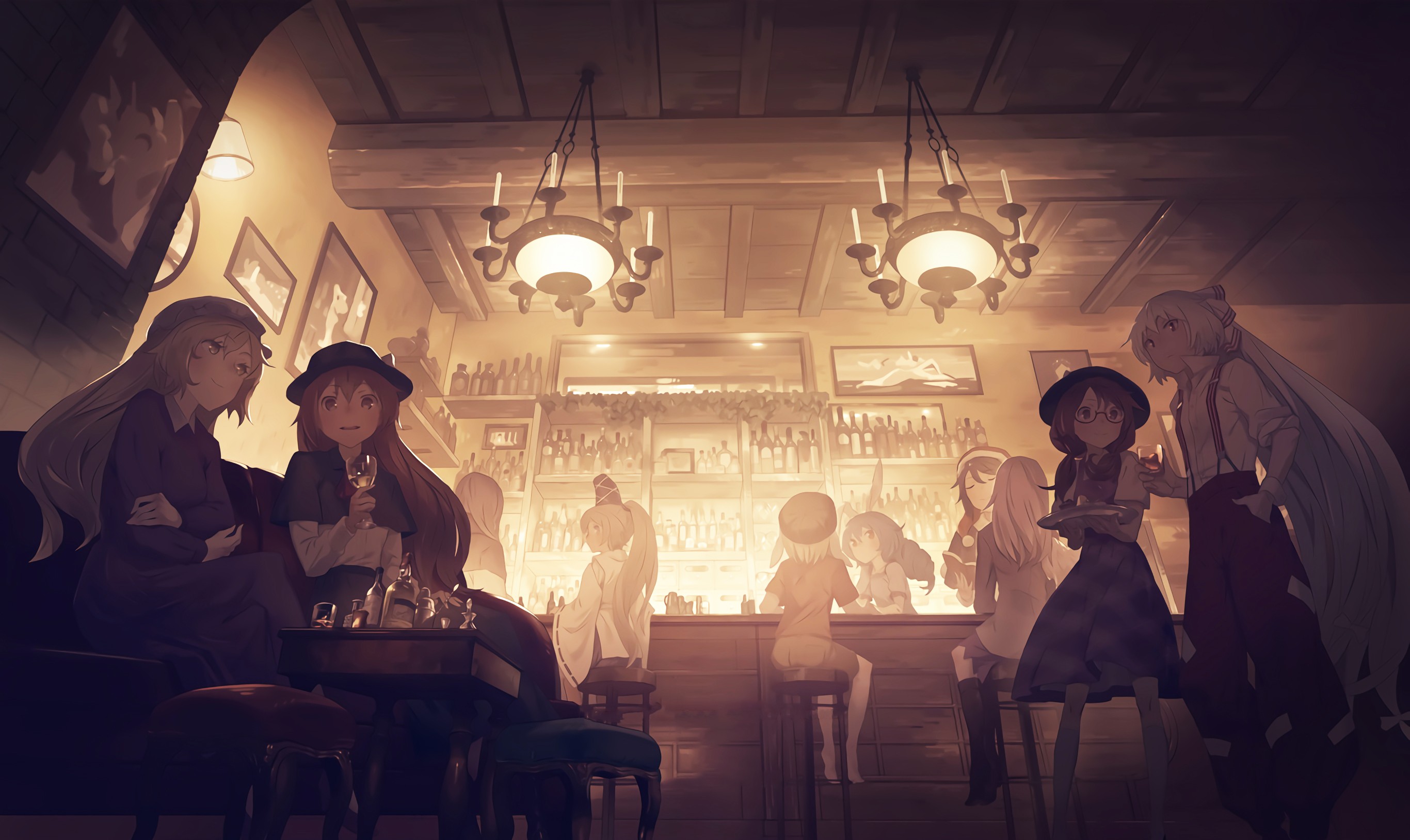 Anime girls in a bar HD Wallpaper