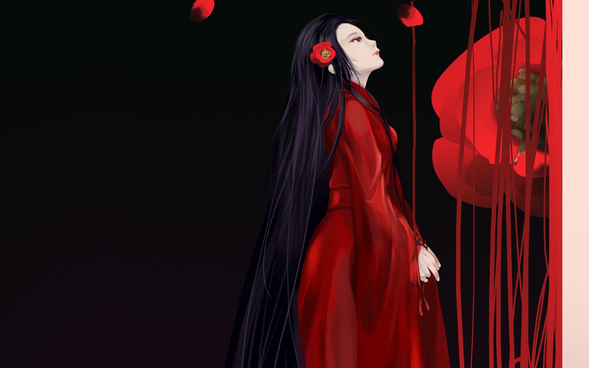 Anime girl in red dress with black hair and red flower HD Wallpaper