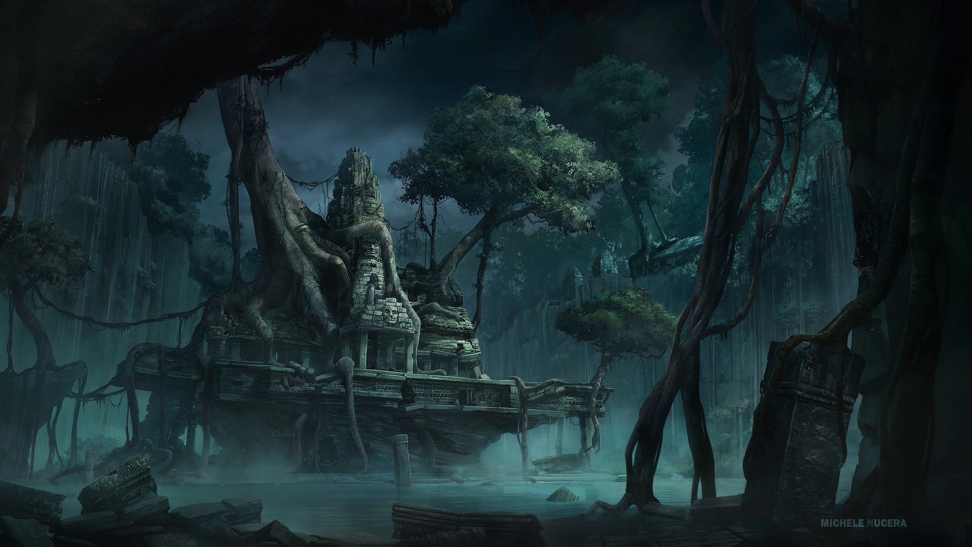 Fantasy art of a jungle temple by Michele Nucera HD Wallpaper