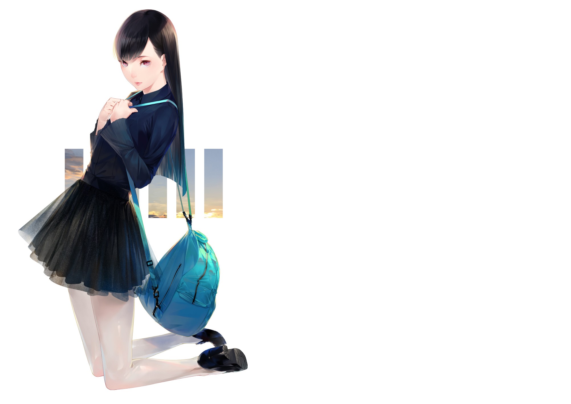 Anime girl with black hair and backpack HD Wallpaper