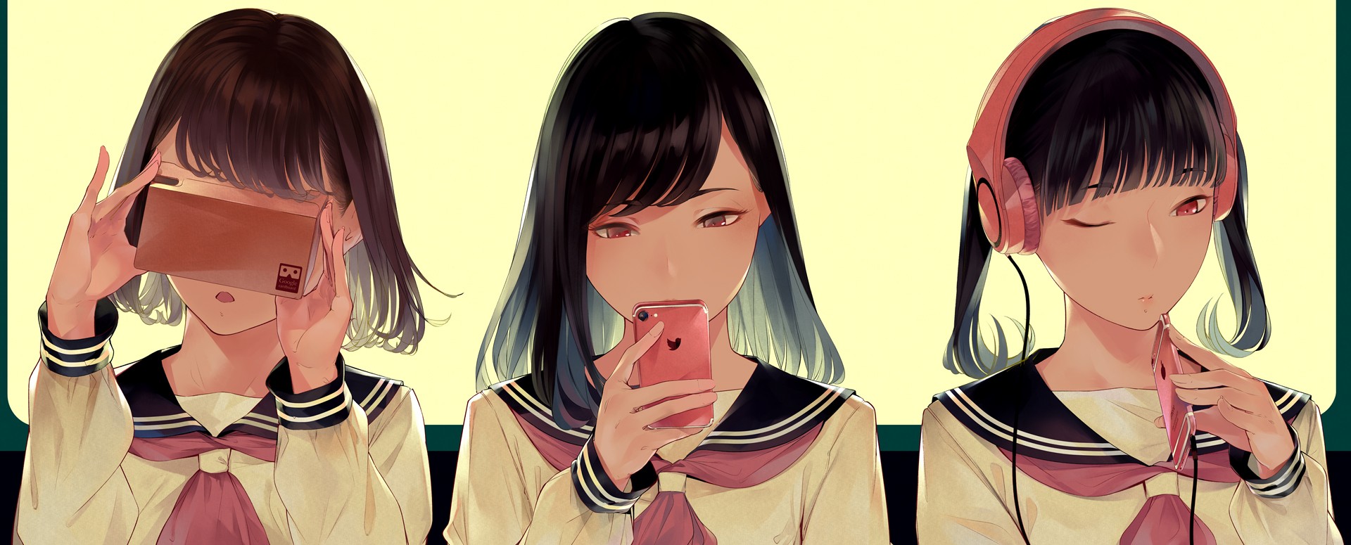 Three anime girls with VR headset, phone, and headphones HD Wallpaper