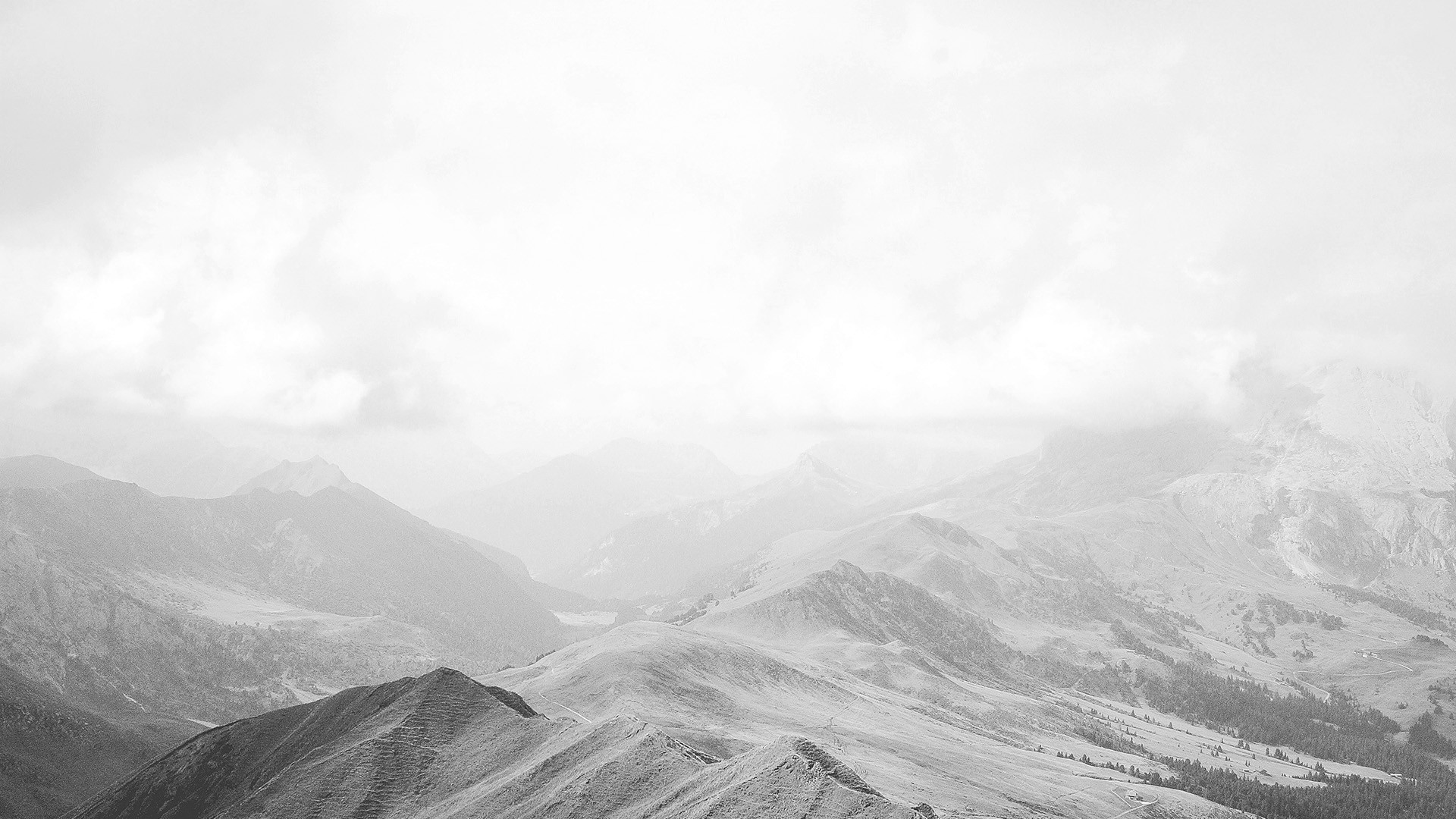 Misty mountains landscape in monochrome HD Wallpaper