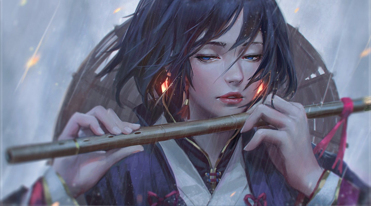 Girl playing flute in the rain HD Wallpaper