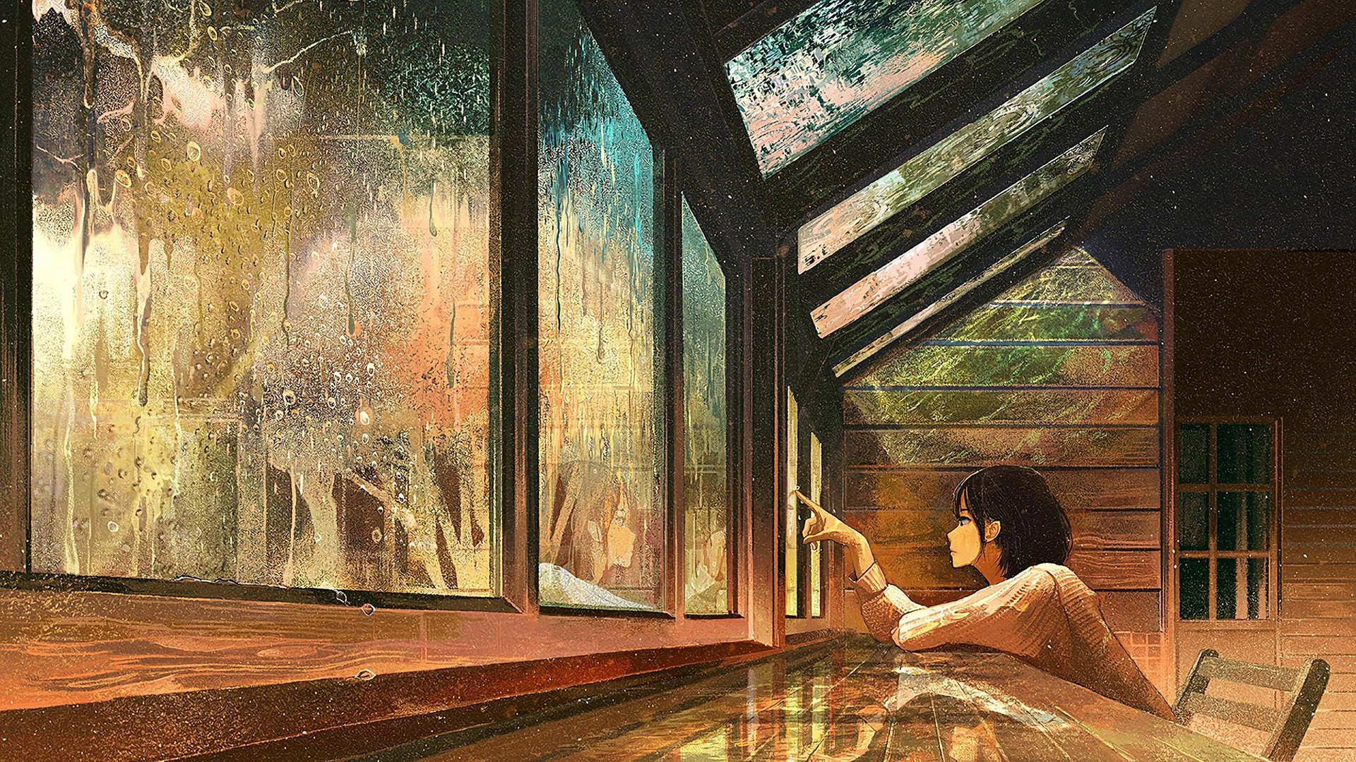 Girl looking out a rainy window HD Wallpaper