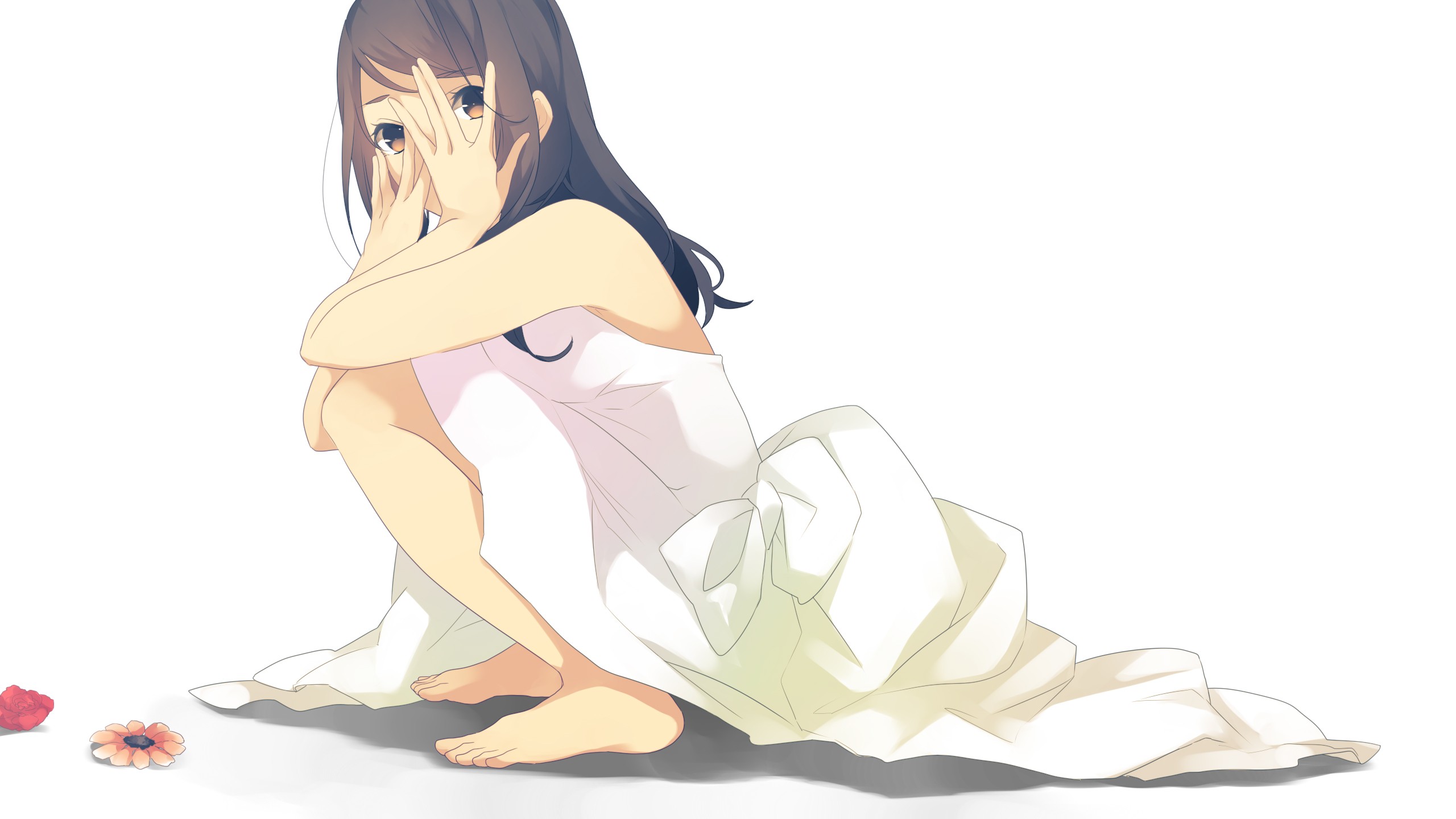Anime girl in white dress crouching HD Wallpaper