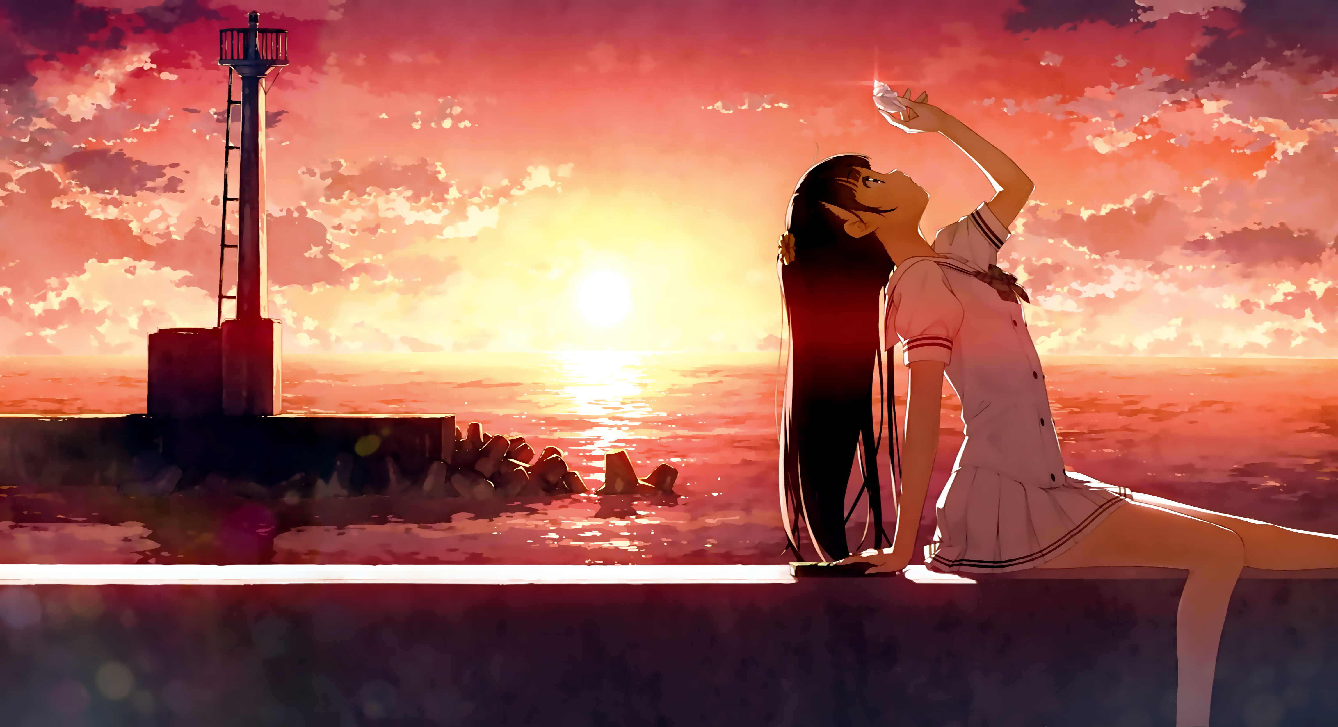 Anime girl by the lighthouse at sunset HD Wallpaper