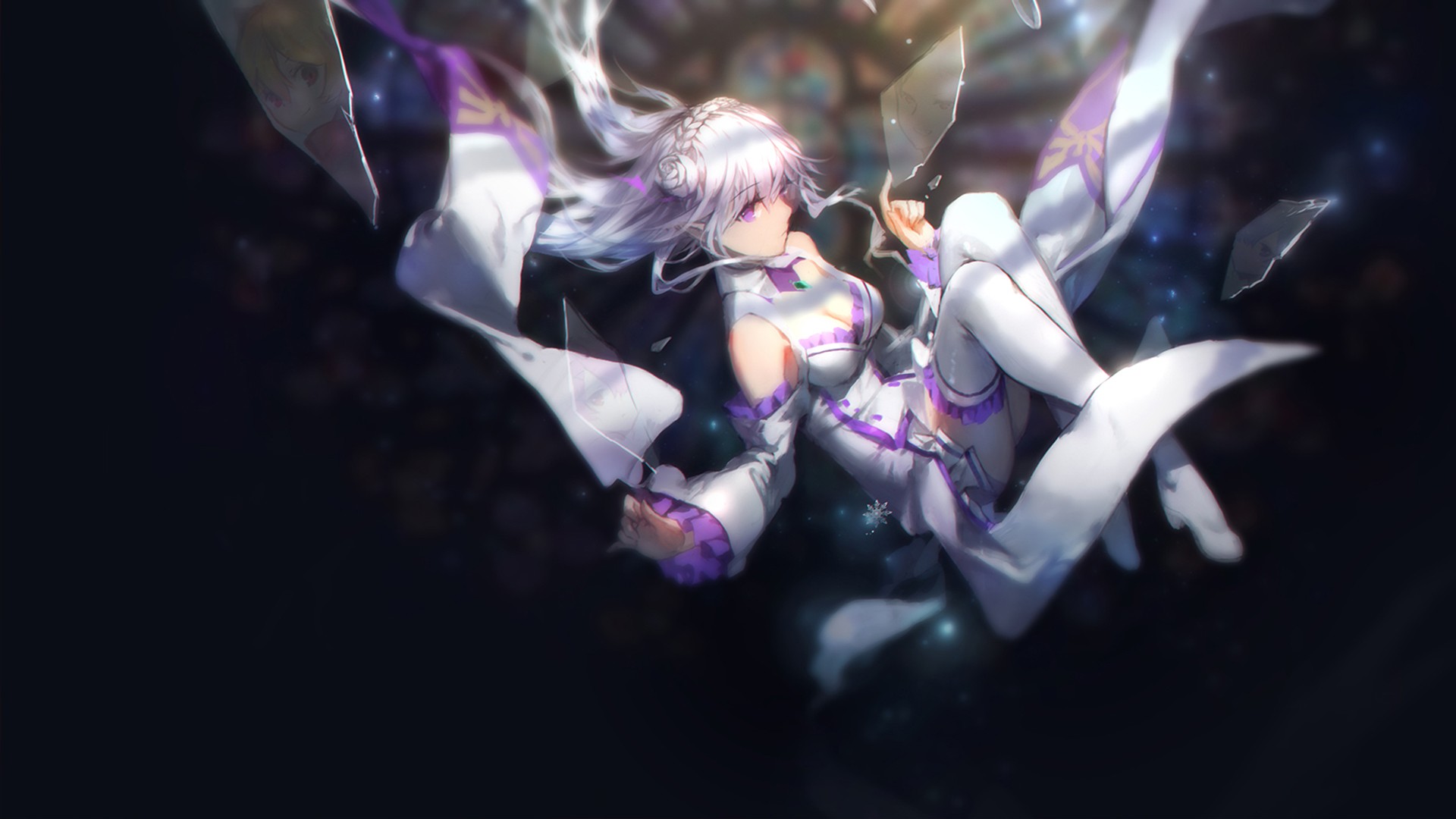 Emilia from Re:Zero falling through shattered glass HD Wallpaper