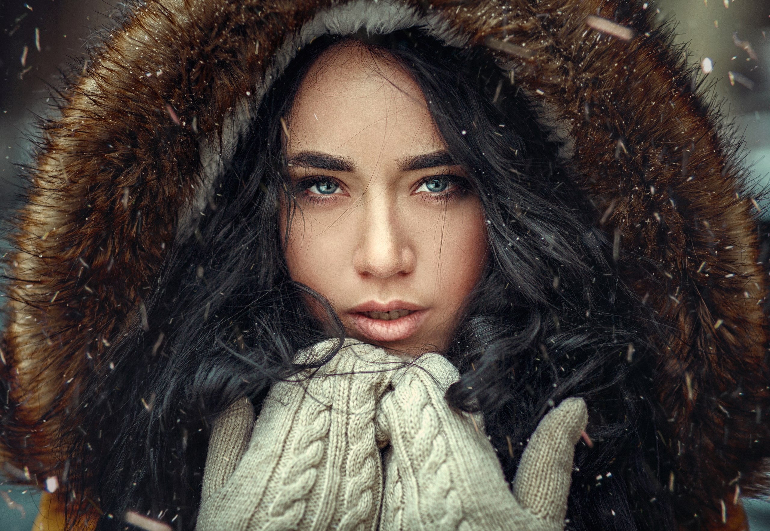 Portrait of Angelina Karachun in winter with fur hood and gloves HD Wallpaper