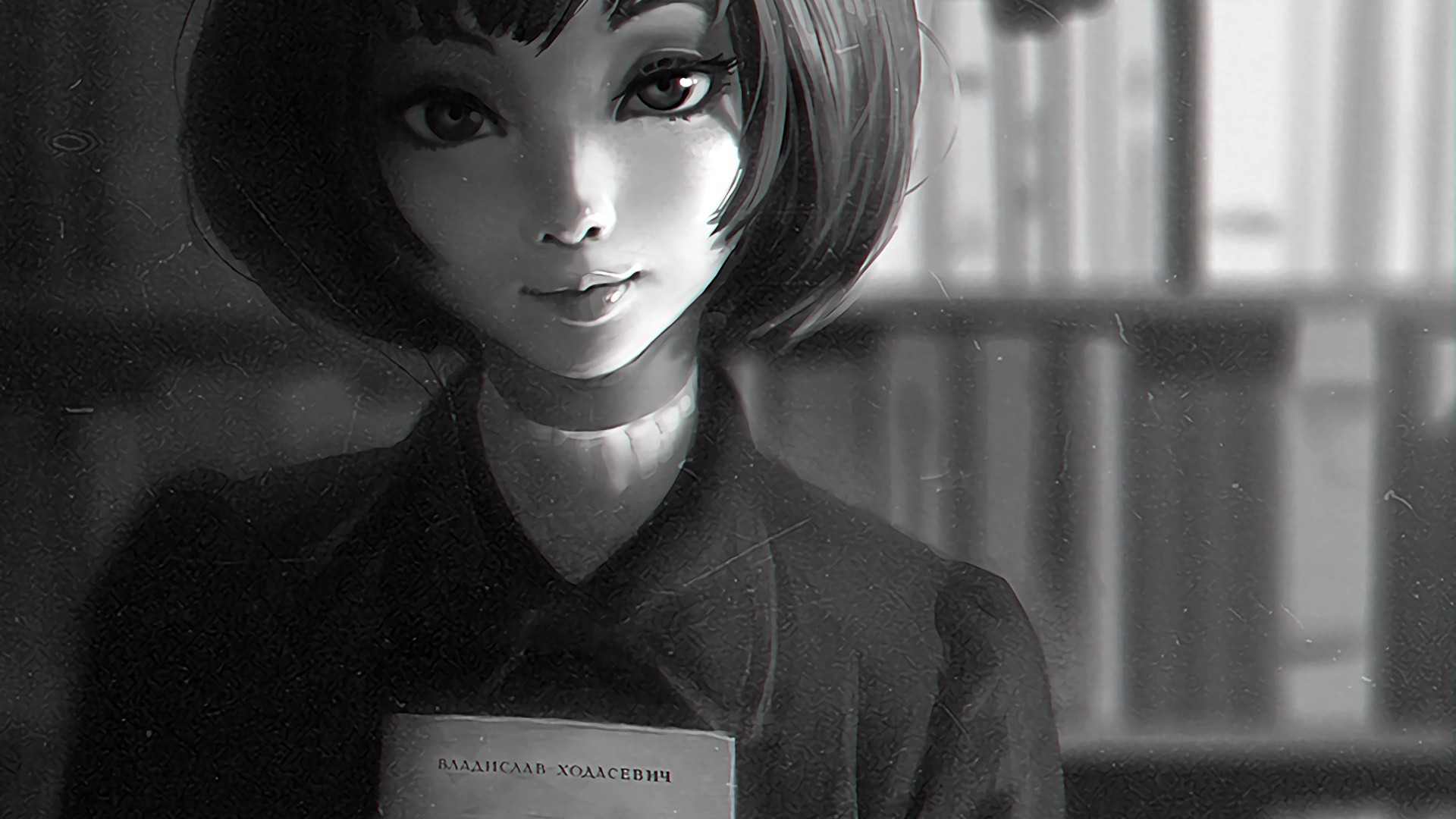 Anime girl holding a book in a library HD Wallpaper