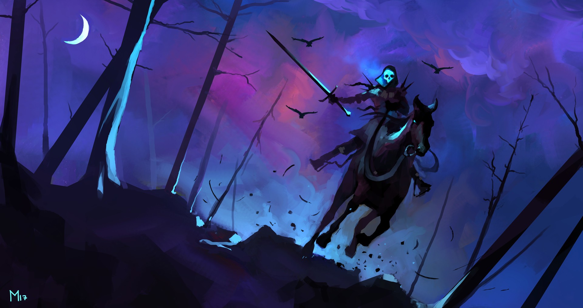 Fantasy art of a skeletal rider on horseback in a dark forest HD Wallpaper