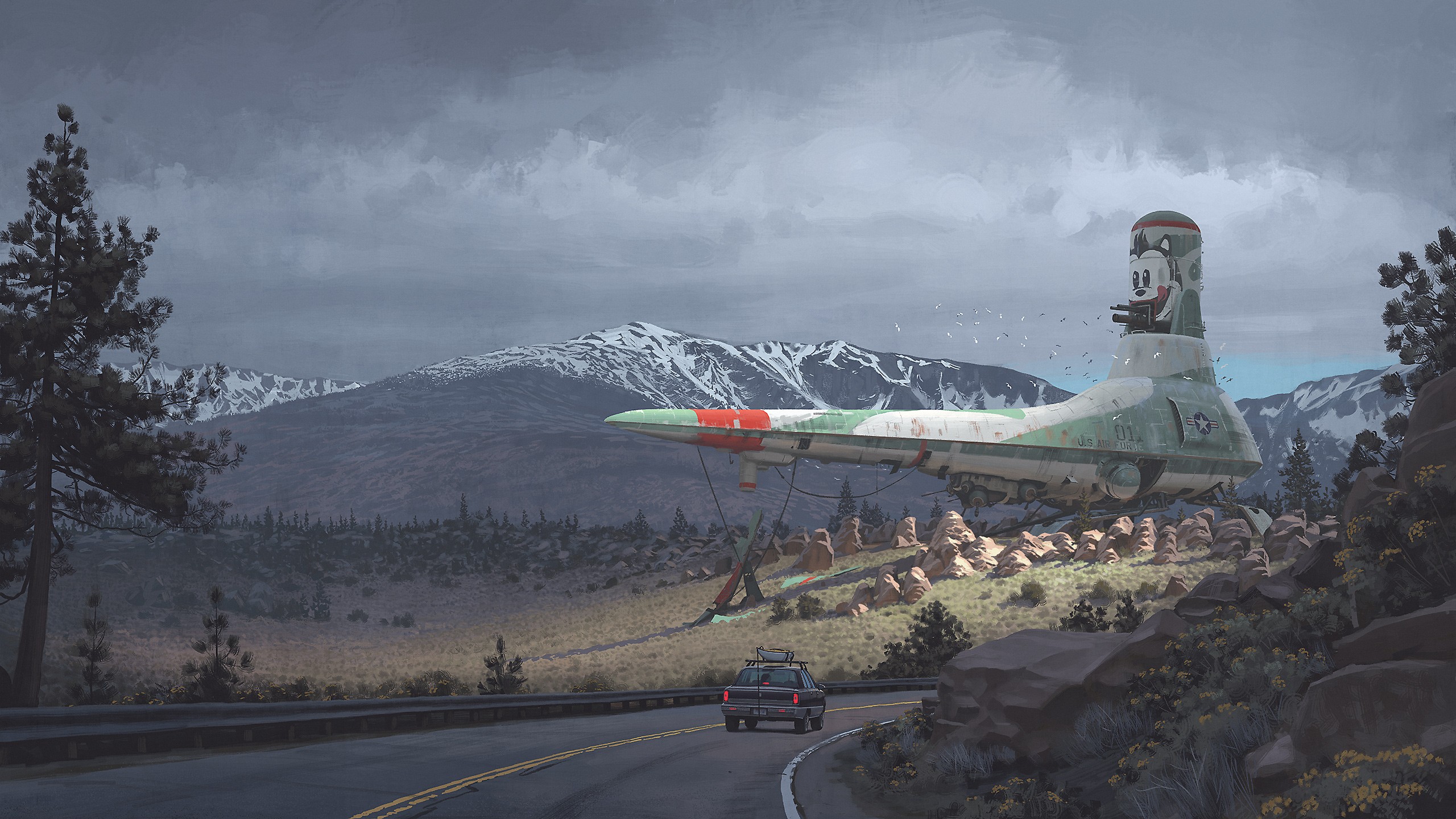 Spaceship with Mickey Mouse head in mountains HD Wallpaper