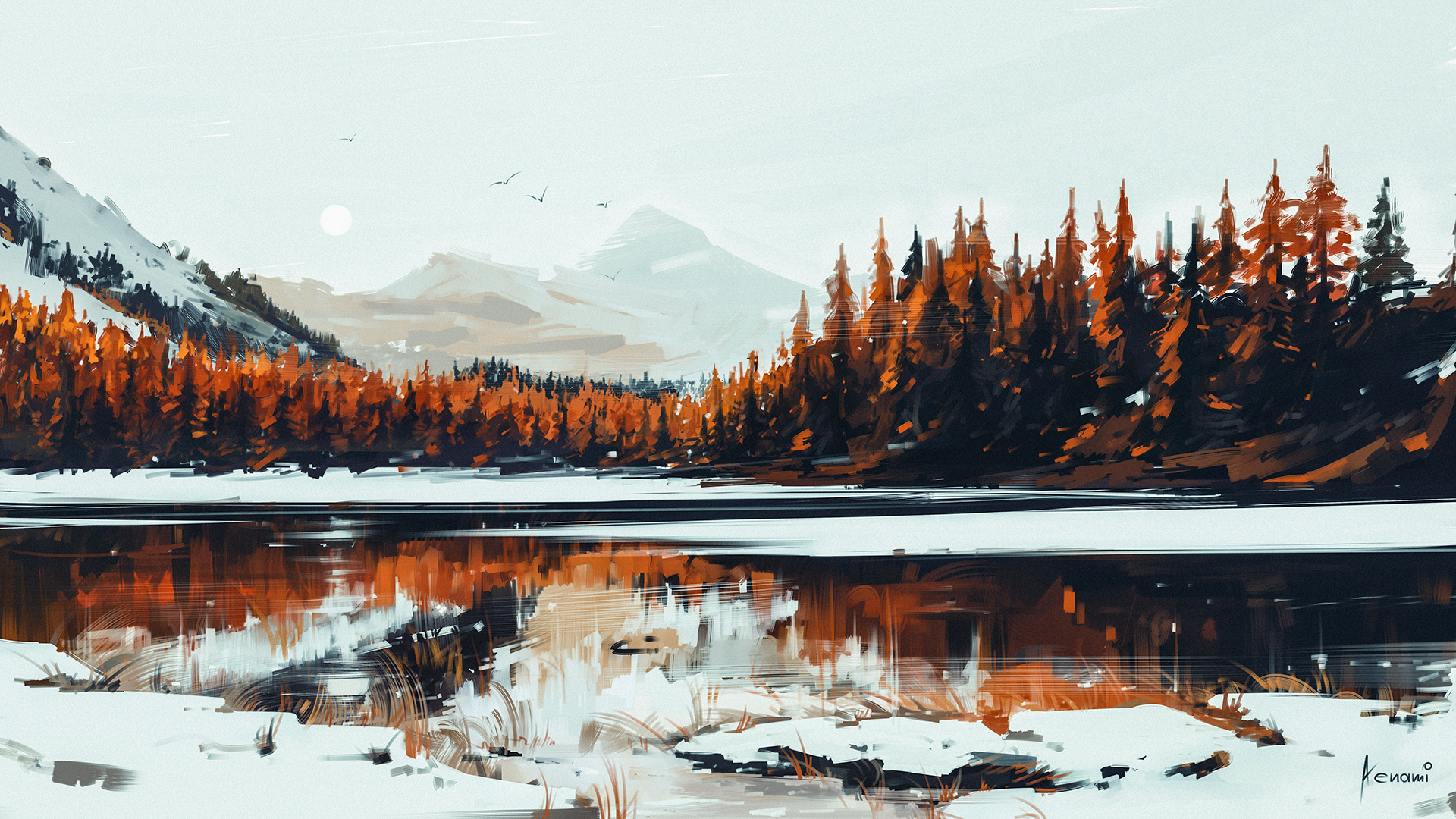 Digital artwork of a winter landscape with mountains and forest HD Wallpaper