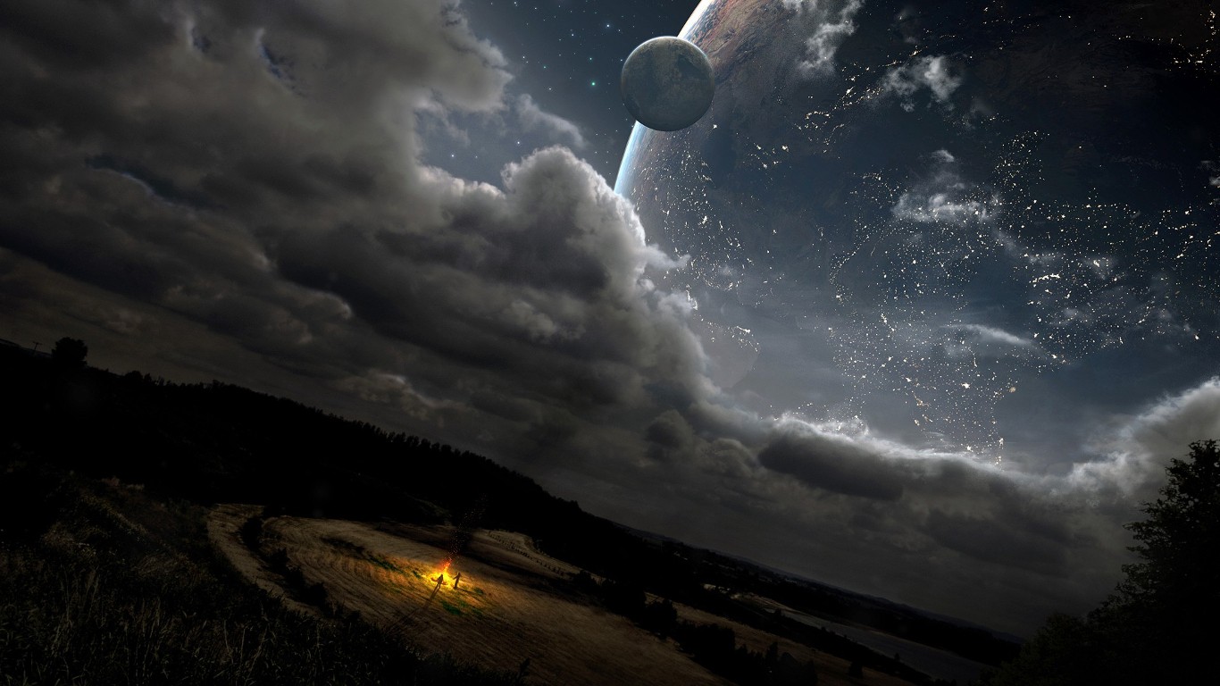 Fantasy landscape with planets and campfire HD Wallpaper