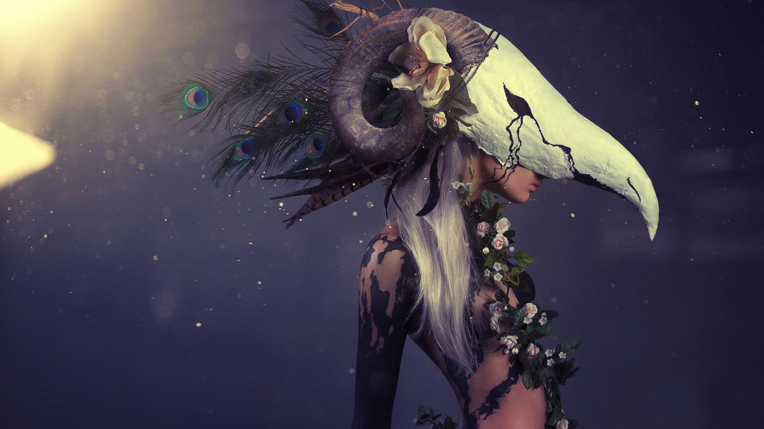 Woman with bird skull mask and ram horns HD Wallpaper