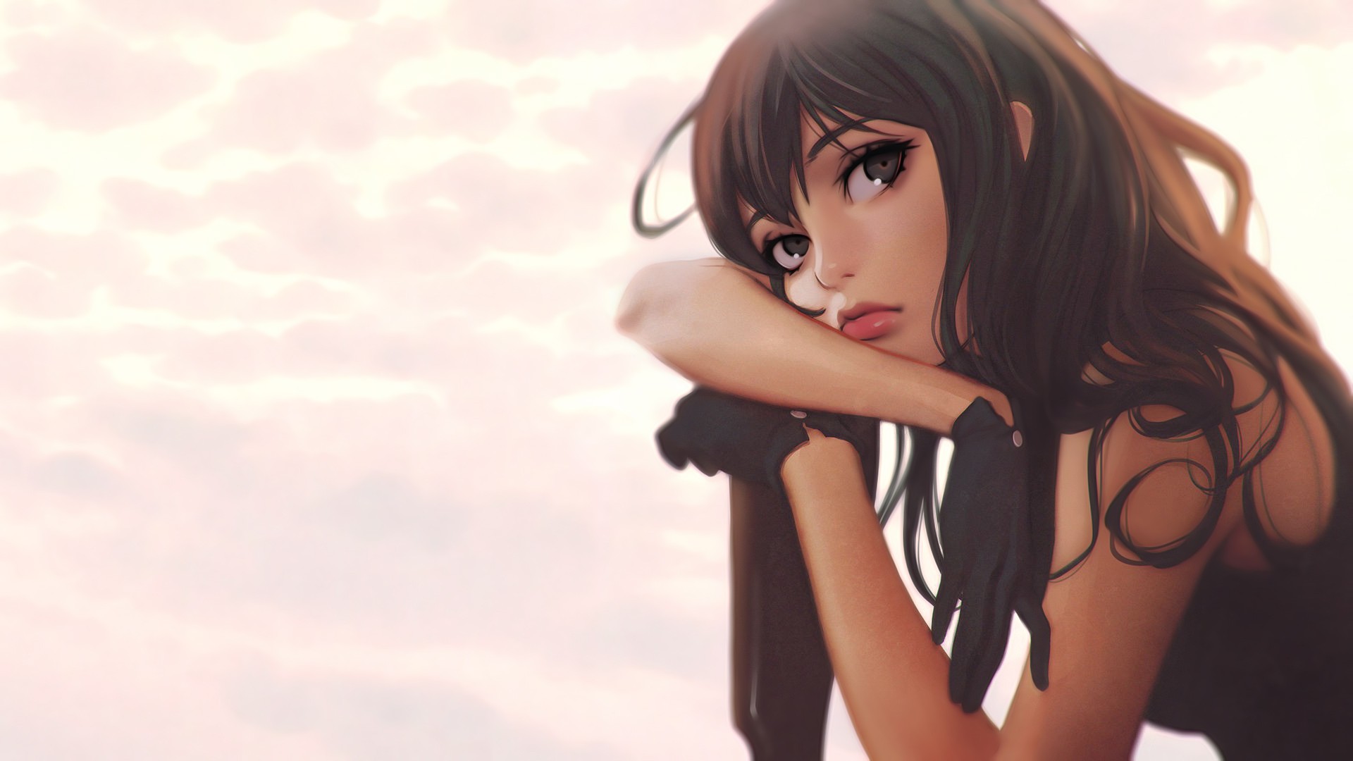 Woman with black hair and gloves HD Wallpaper