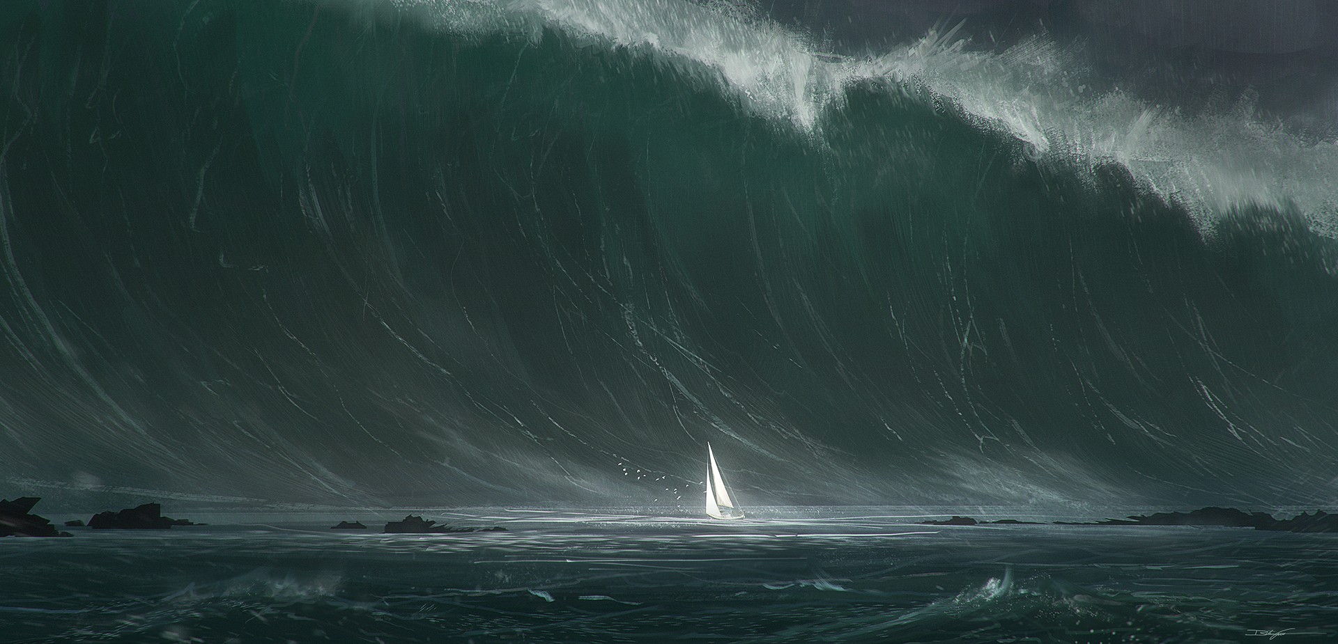 Sailboat facing a giant wave HD Wallpaper