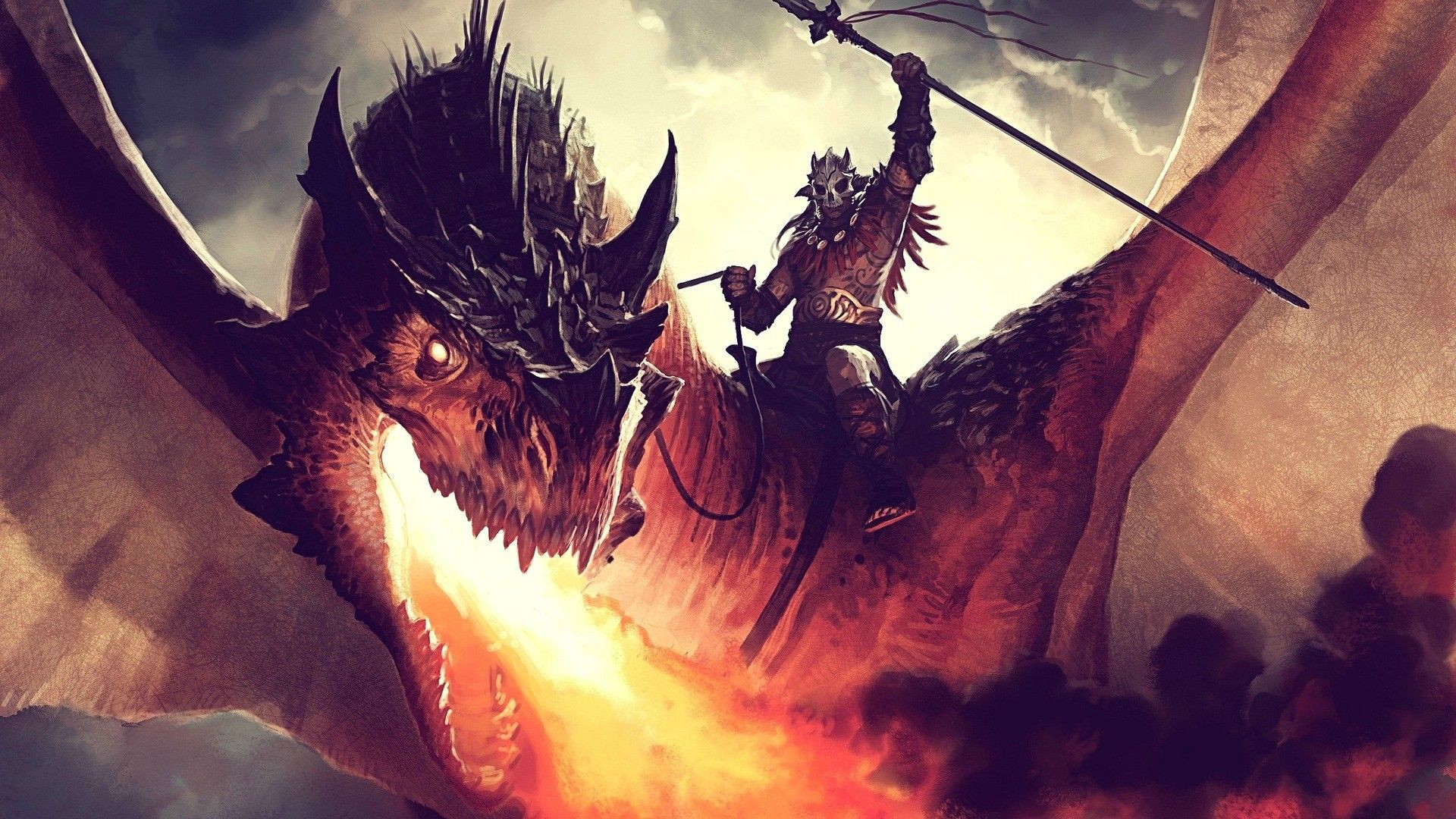 Warrior riding a dragon breathing fire HD Wallpaper