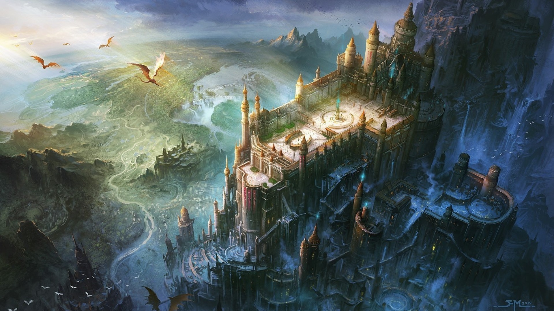 Dragons flying over a fantasy castle on a cliff HD Wallpaper