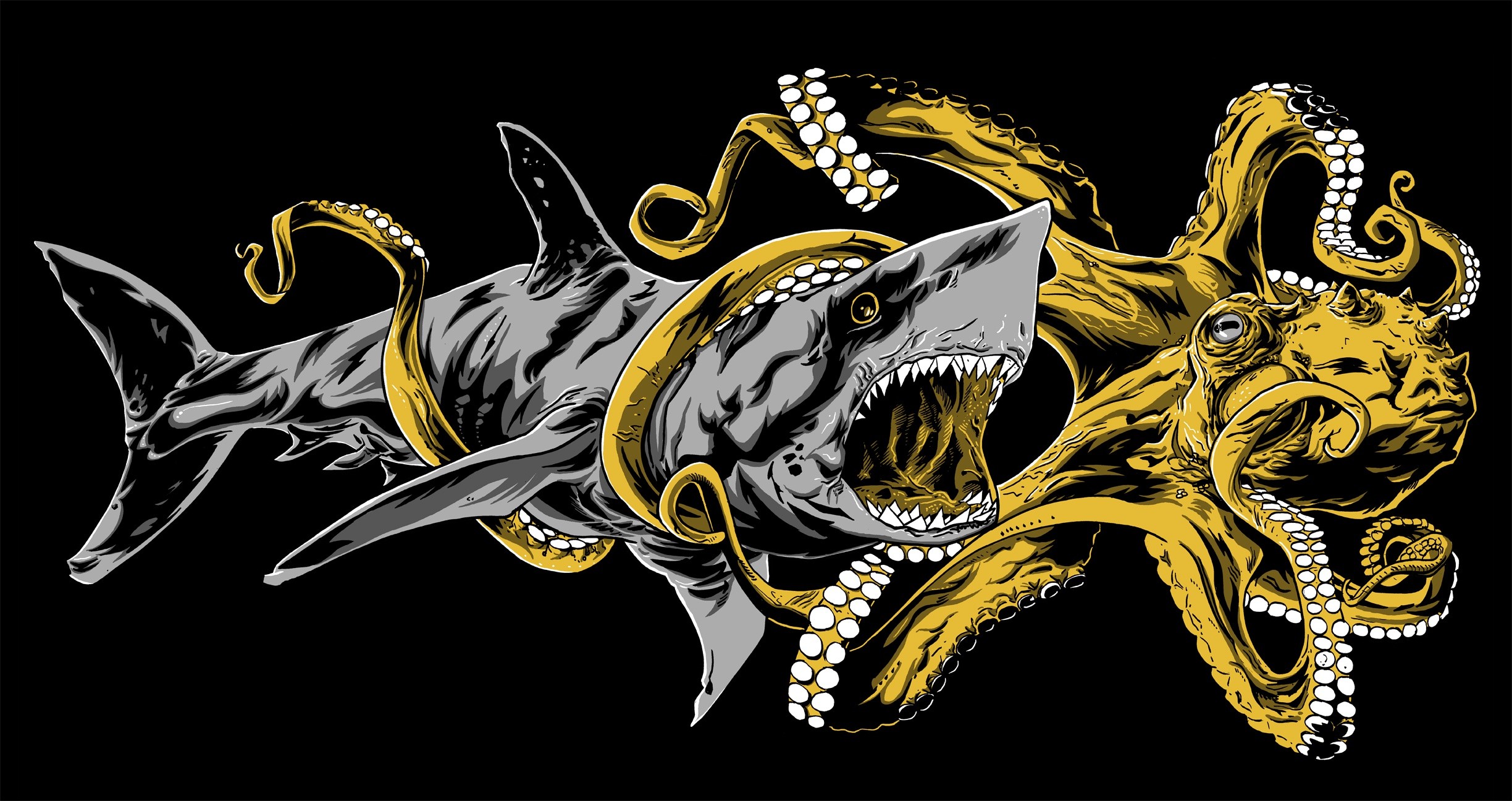 Shark fighting an octopus artwork HD Wallpaper