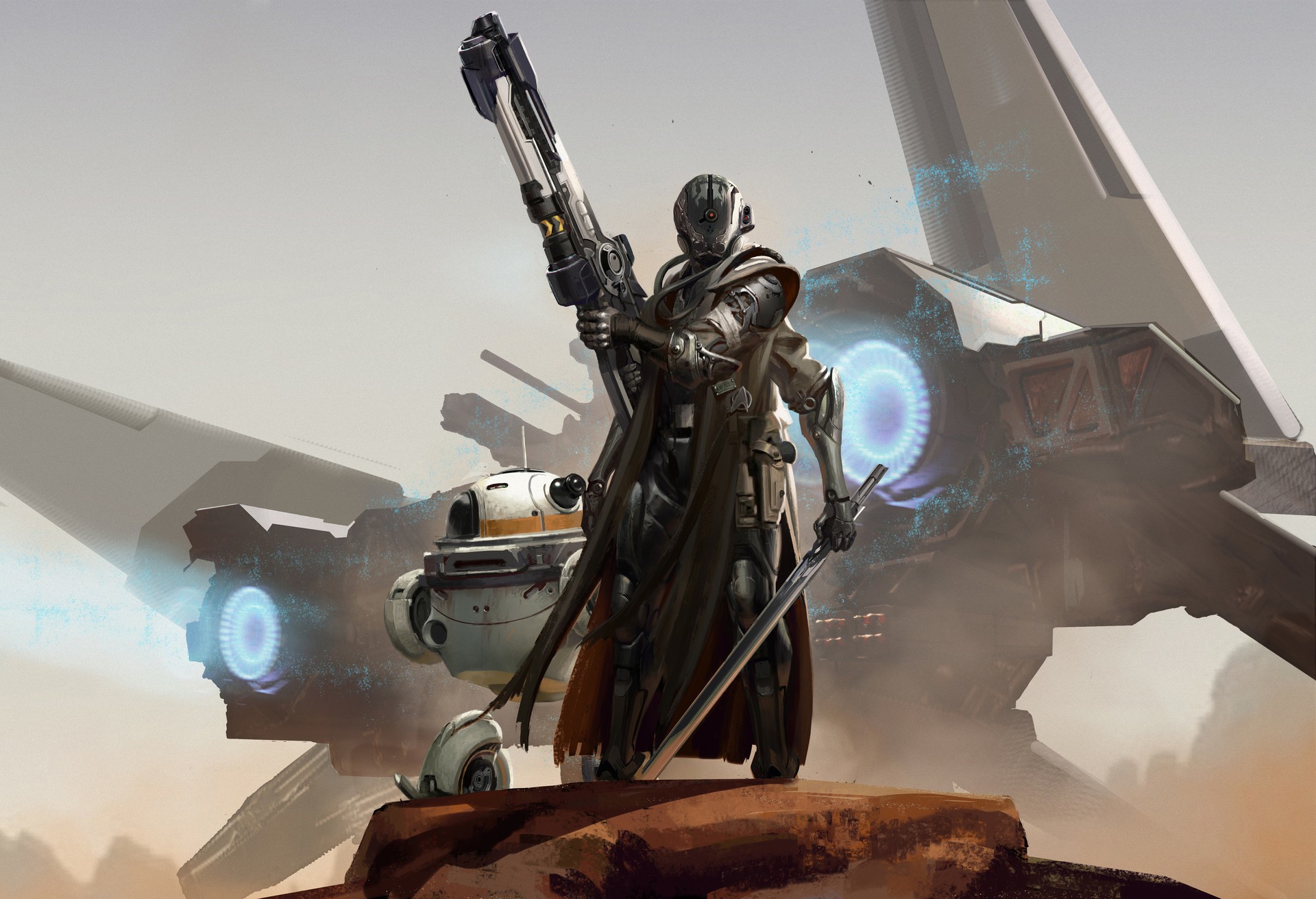 Sci-fi soldier with rifle and robot near spacecraft HD Wallpaper