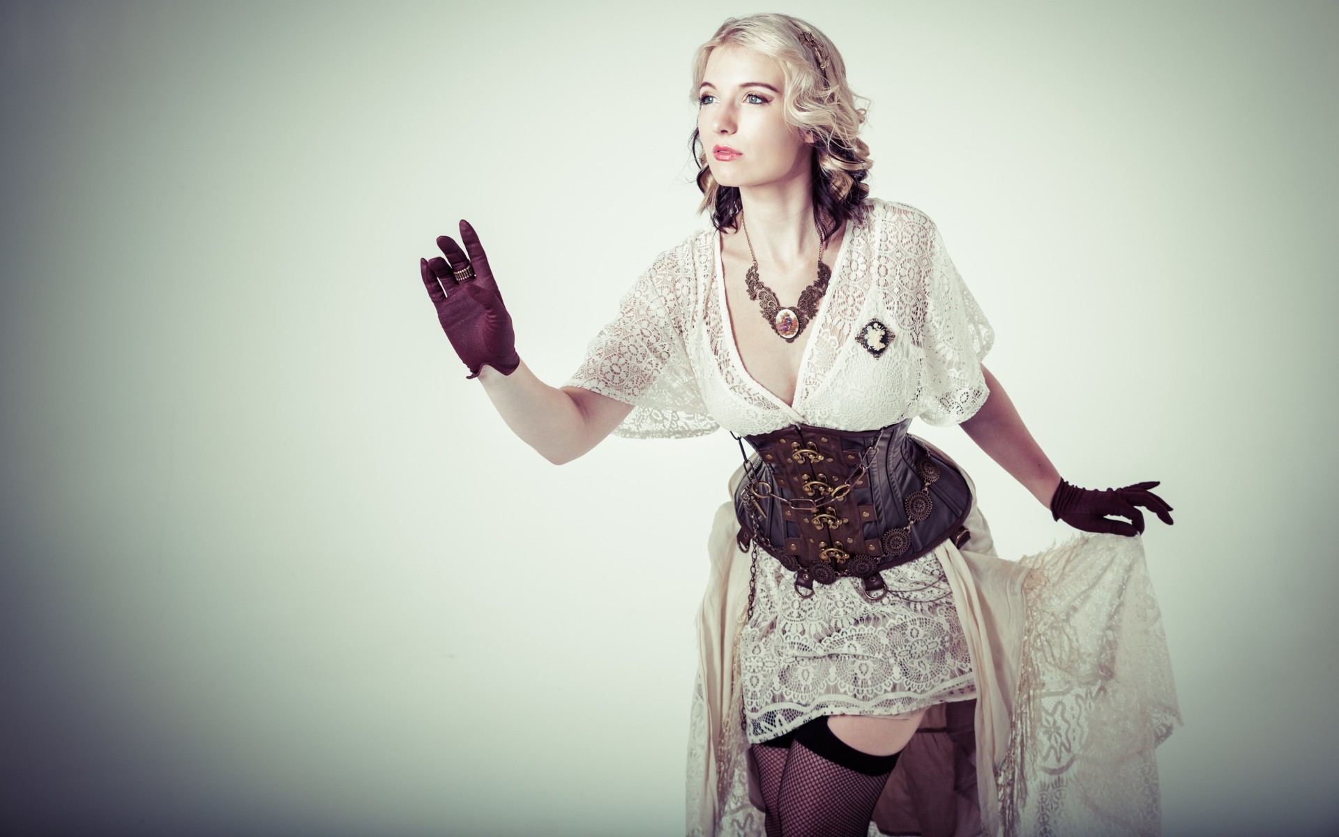 Steampunk woman in lace dress and corset HD Wallpaper