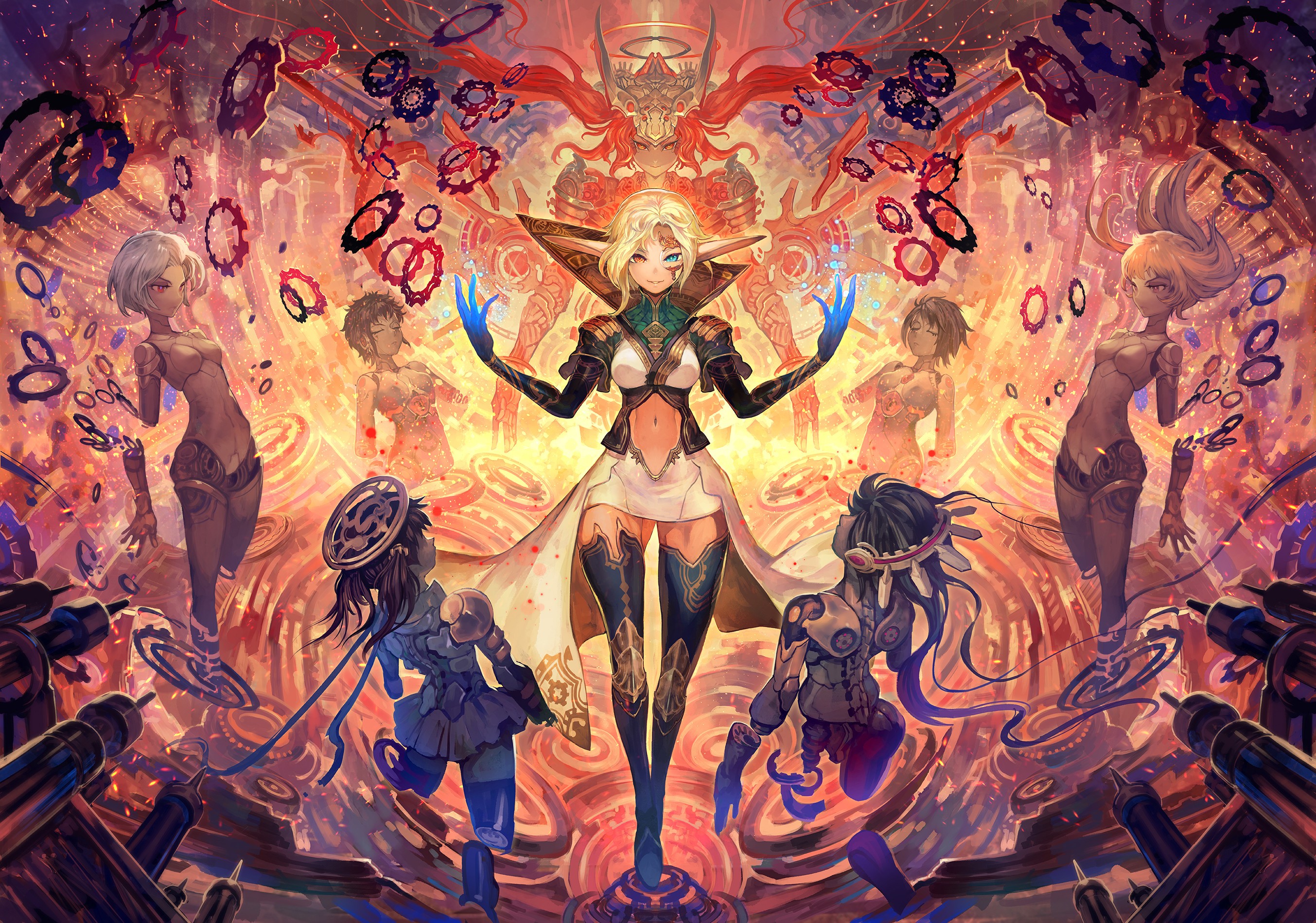 Anime characters in a magical, mechanical environment HD Wallpaper